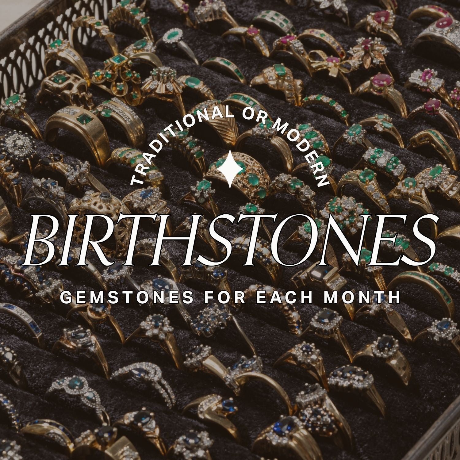 Vintage jewellery tray displays collection of rings with colourful gemstones, text overlay reads: traditional and modern gemstones for each month birthstones