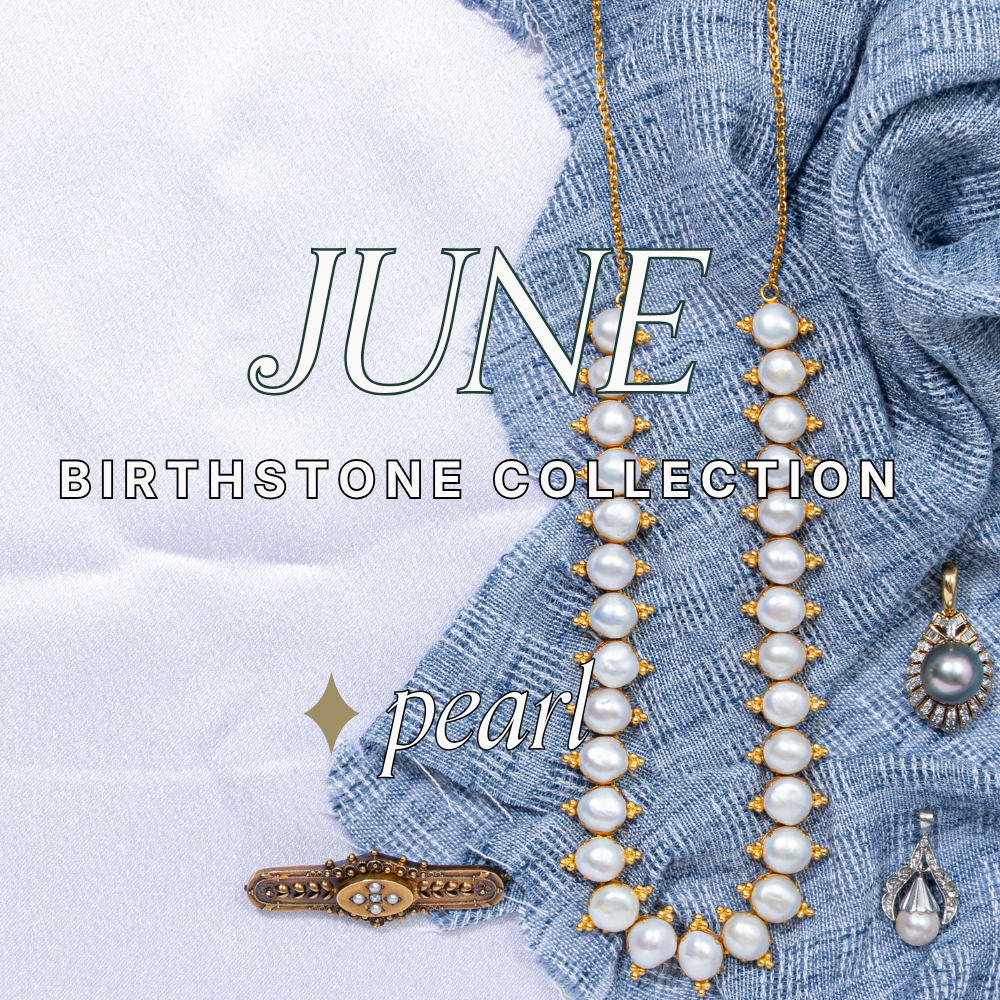 Preloved luxury pearl jewellery for June birthstone gifting featuring vintage pearl pendants, necklaces and timeless heirloom brooch accessory. Text reads: June birthstone collection pearl.