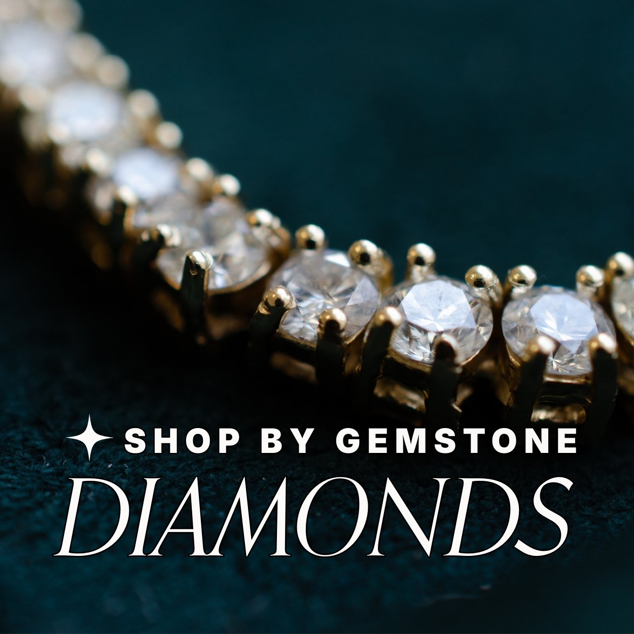 Diamond bracelet with gold setting on a dark background, text overlay reads 'Shop by Gemstone: Diamonds'.