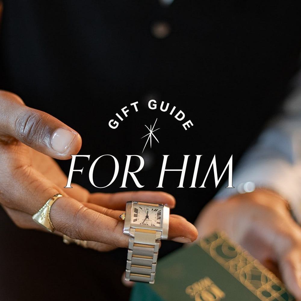 gift guide for him, text over image of man holding luxury watch