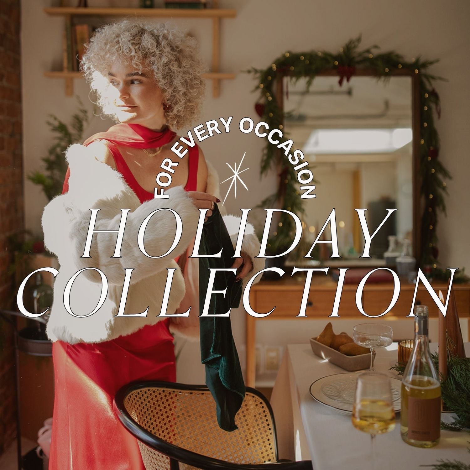 for every occasion - holiday collection cover image with title text features woman in holiday outfit folding cloth napkins