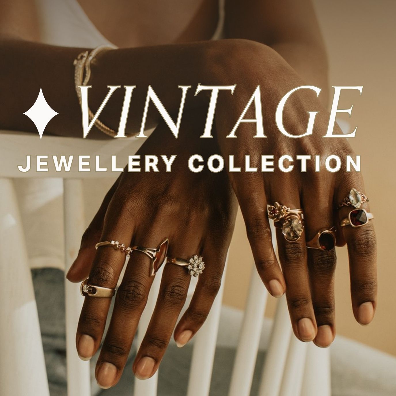 image of woman wearing many vintage rings text overlay reads vintage jewellery collection