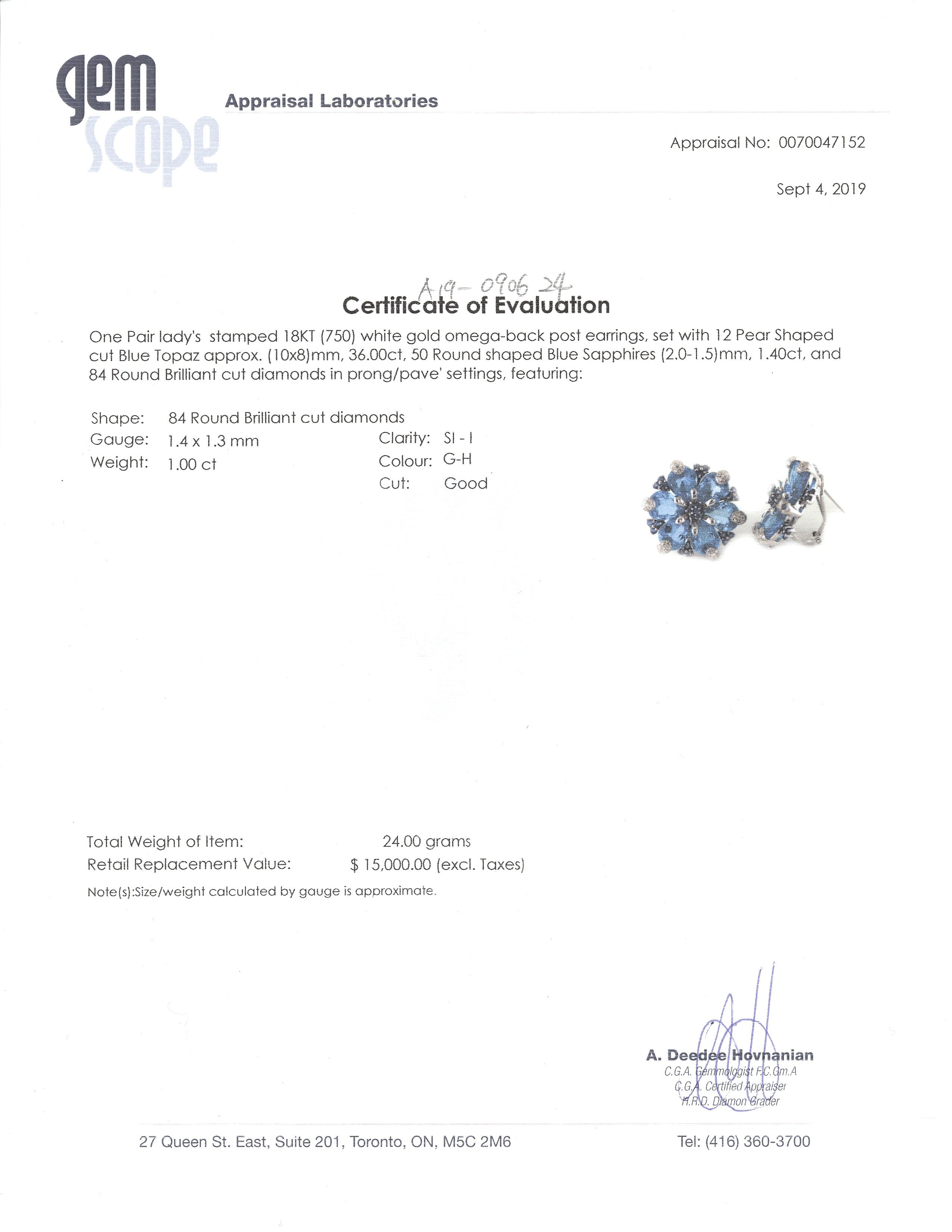 18K White Gold Blue Topaz, Sapphire, and Diamond Earrings | 36.00ctw, 1.40ctw, 1.00ctw