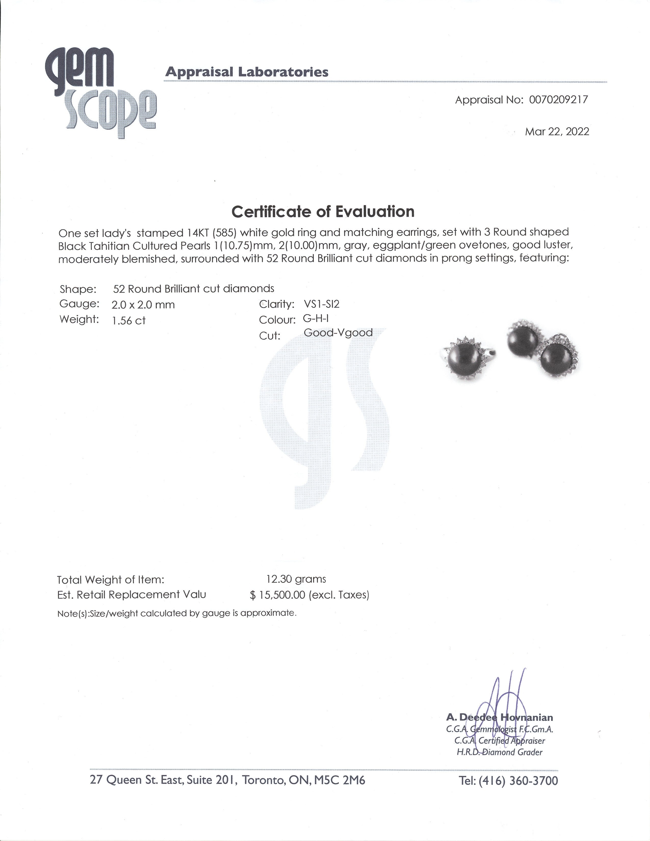 Boucles d'oreilles et bague en perles de Tahiti noires 14 carats et diamants | 10-10,75 mm, 1,56 ct au total | Taille 6,75