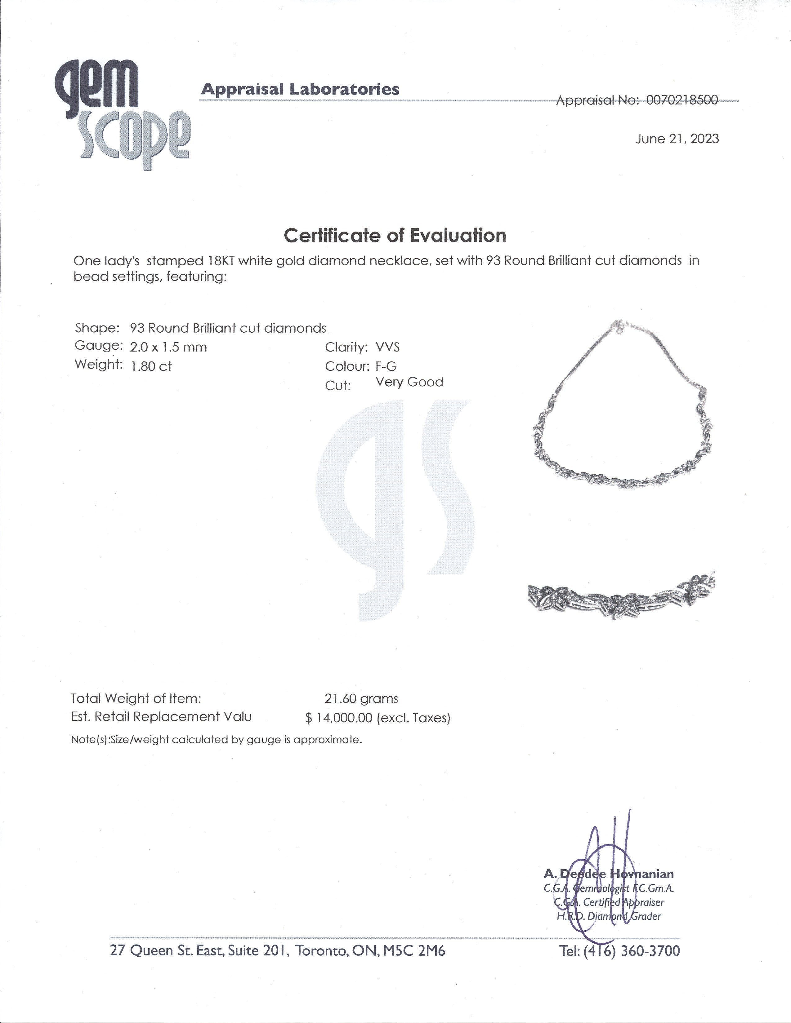 18K White Gold Diamond Necklace | 1.80ctw | 15"|