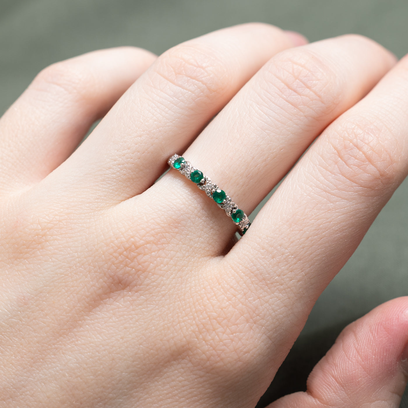 Synthetic Emerald & Diamond Semi Eternity Ring | 0.25ctw, 0.03ctw | SZ 7