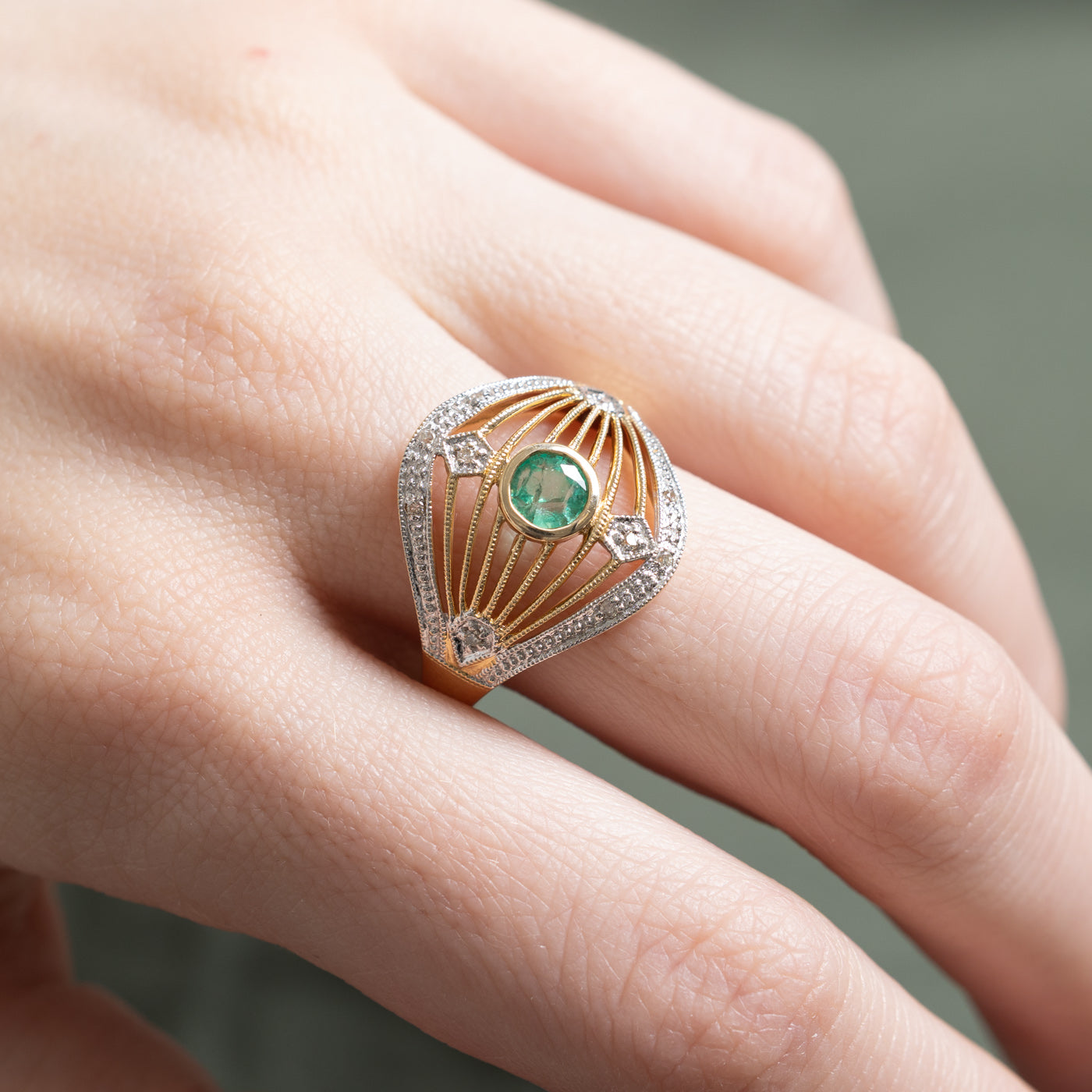 Emerald & Diamond Openwork Cocktail Ring | 0.35ct, 0.07ctw | SZ 8.25
