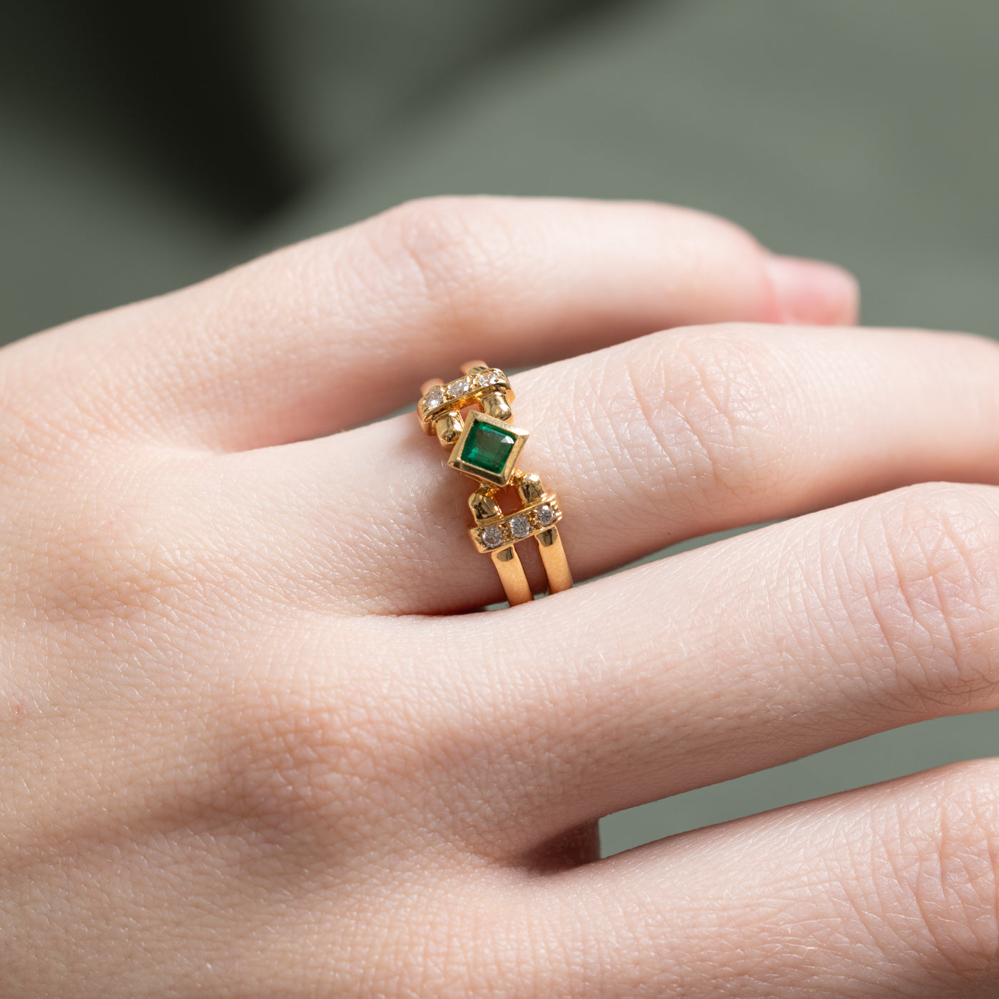 Bezel Set Emerald & Diamond Geometric Ring | 0.18ct, 0.10ctw | SZ 6