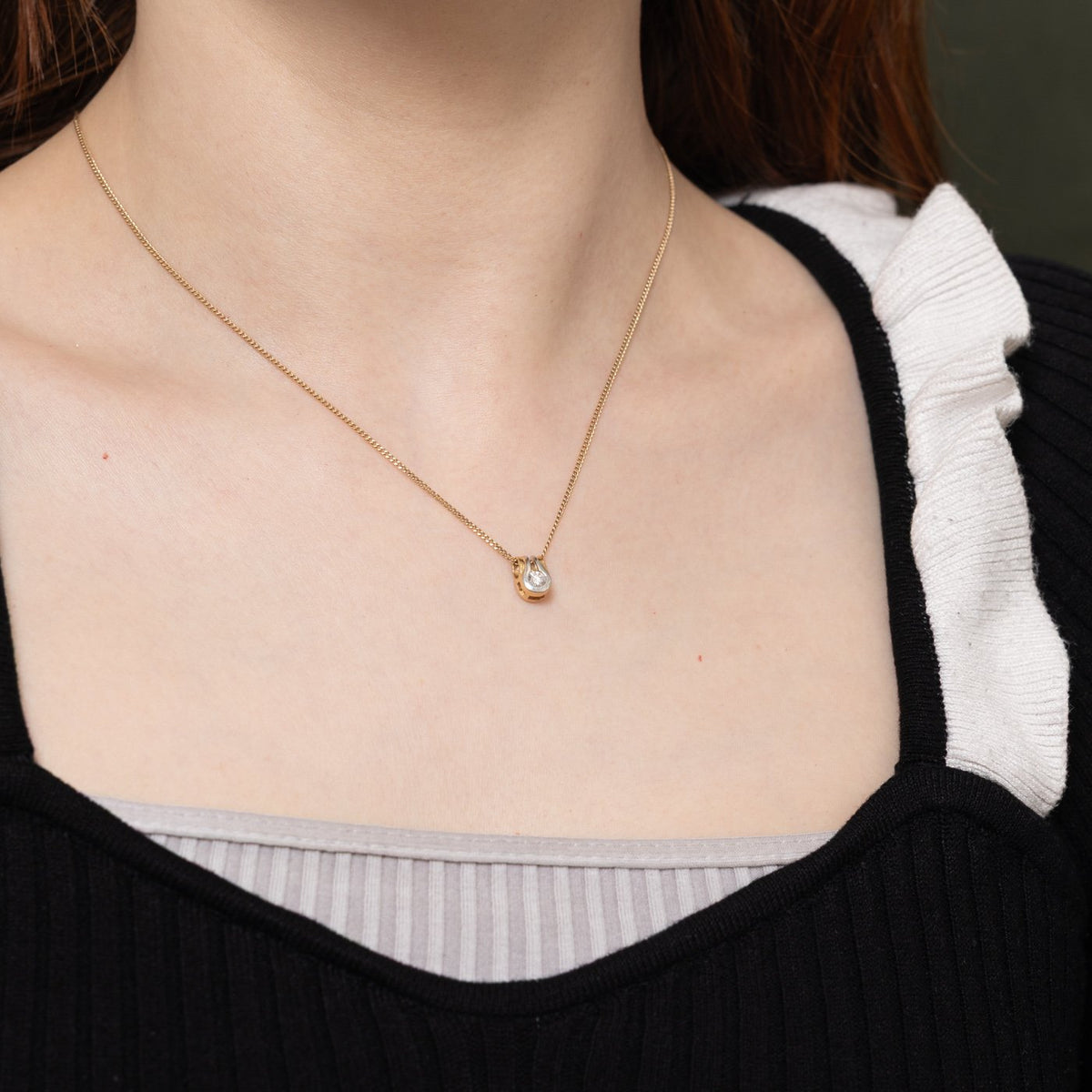 14k Two Tone Solitaire Bezel Set Diamond Pendant | 0.15ct