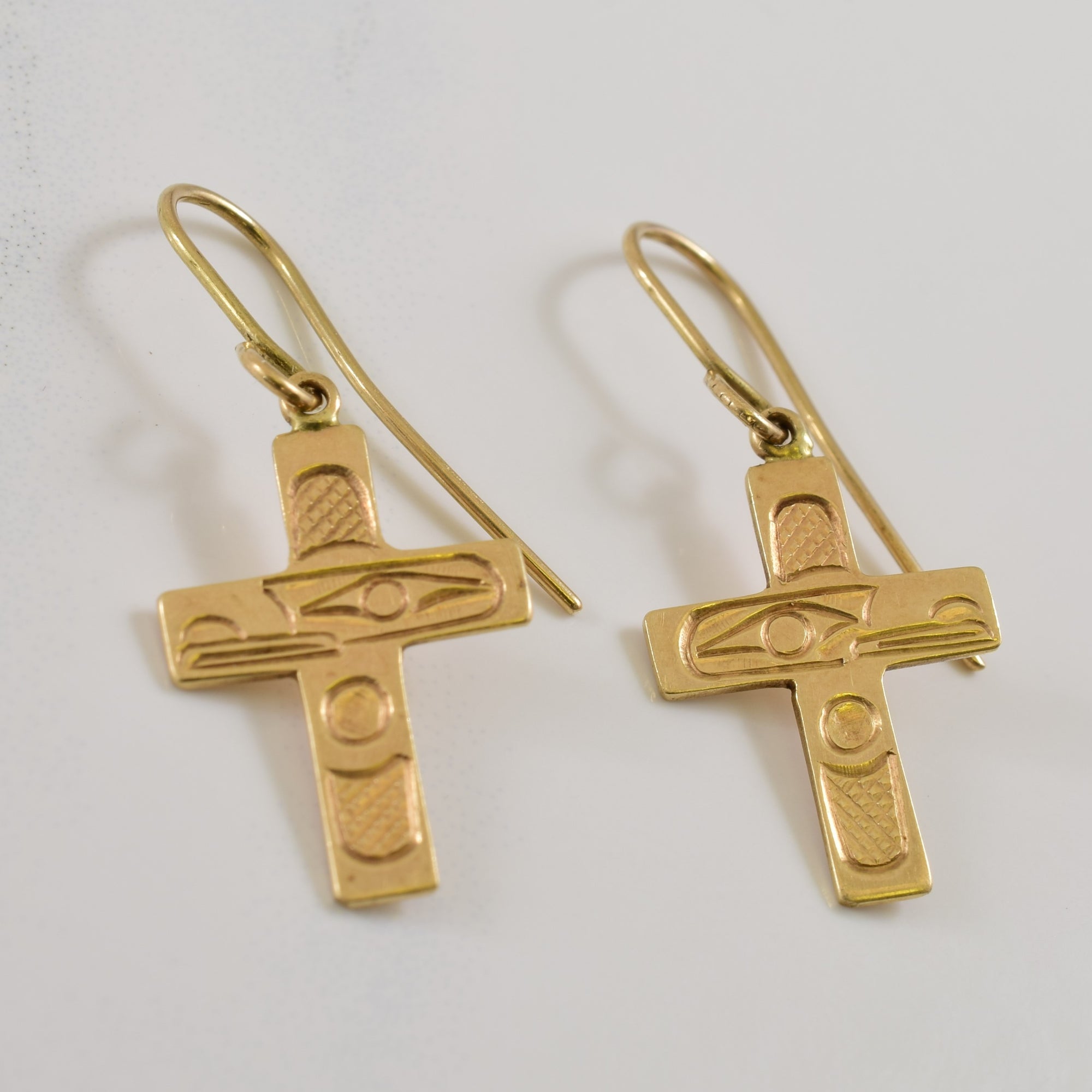14k Yellow Gold Indigenous Art Drop Cross Earrings |