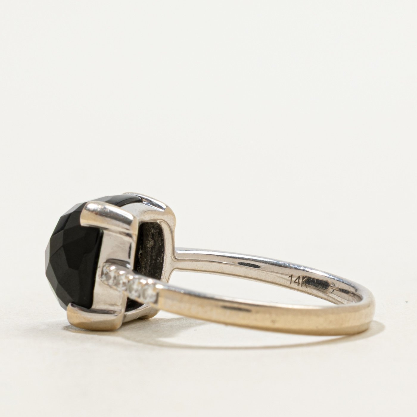 14K Ring with Diamond Accents with Checkerboard Cabochon Onyx