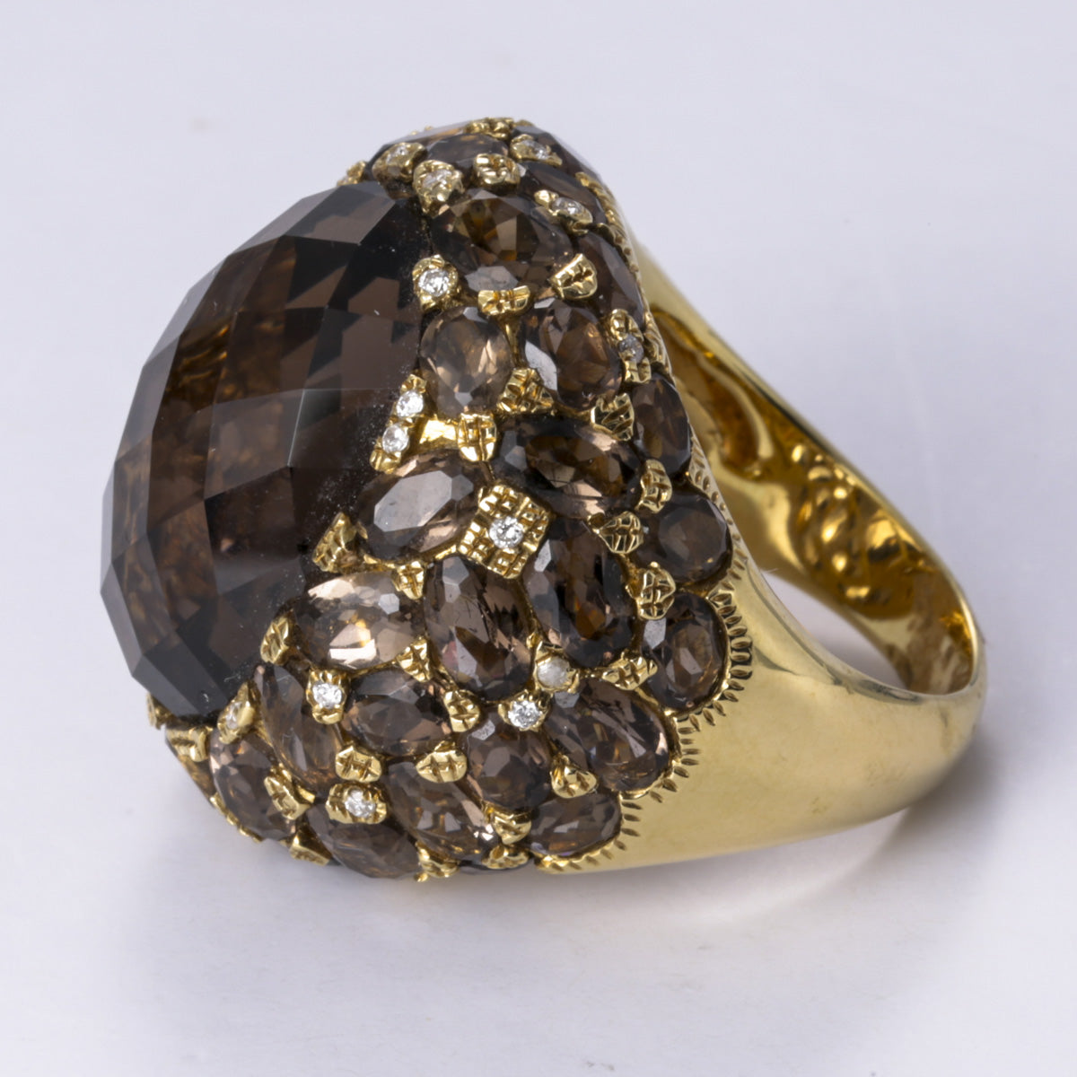 18k Yellow Gold Smoky Quartz and Diamond Ring | 29.21ctw, 0.12ctw | Sz 6.75