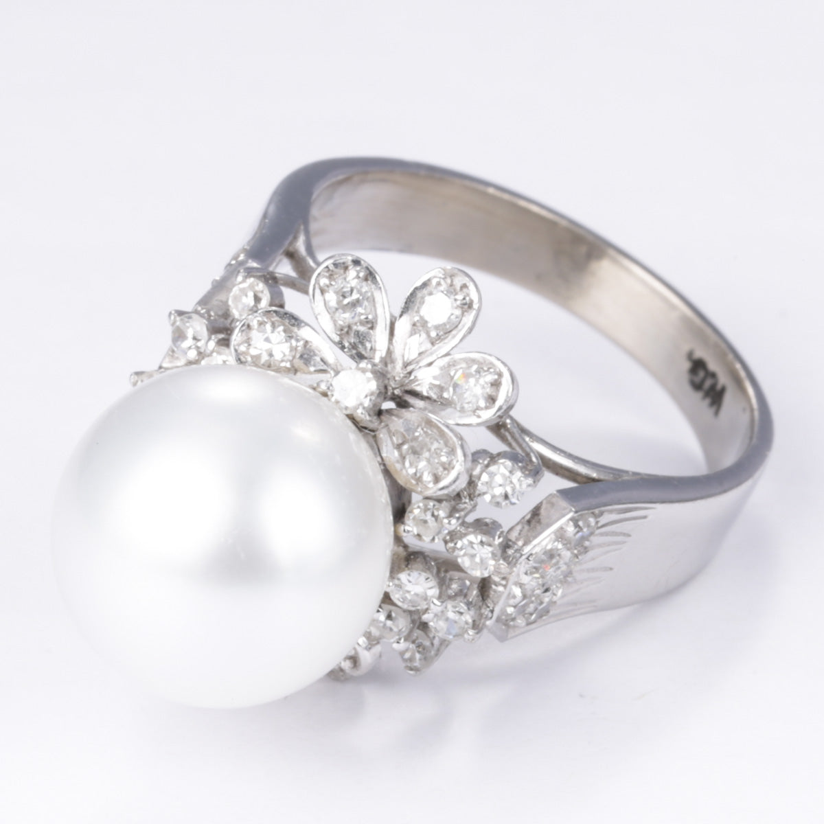 10k White Gold Pearl and Diamond Ring | 11.20-10.80mm, 0.42ctw | SZ 6