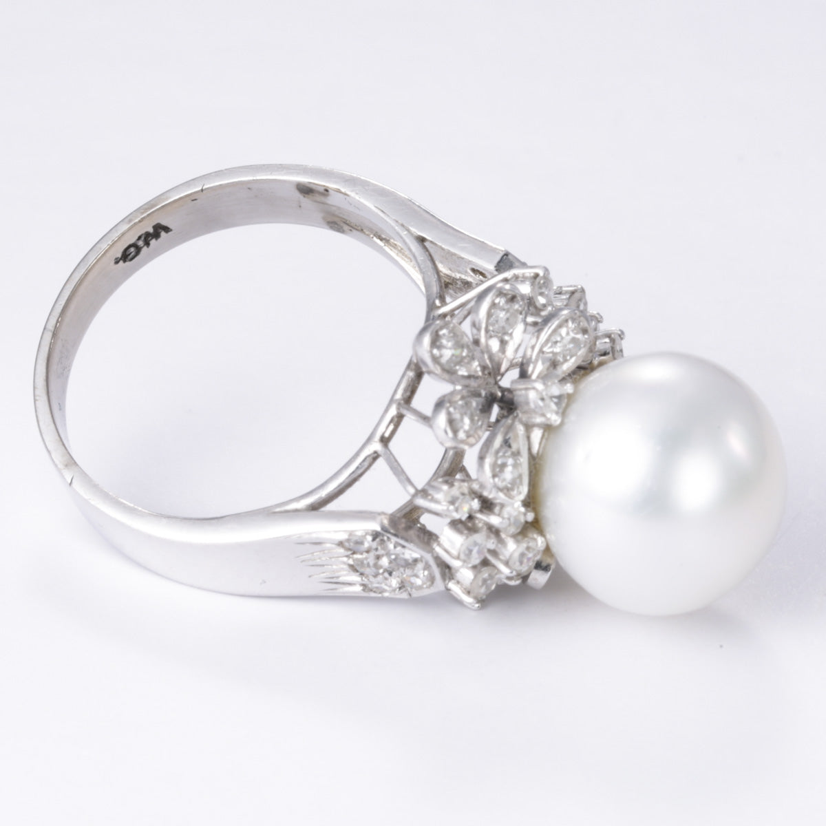 10k White Gold Pearl and Diamond Ring | 11.20-10.80mm, 0.42ctw | SZ 6