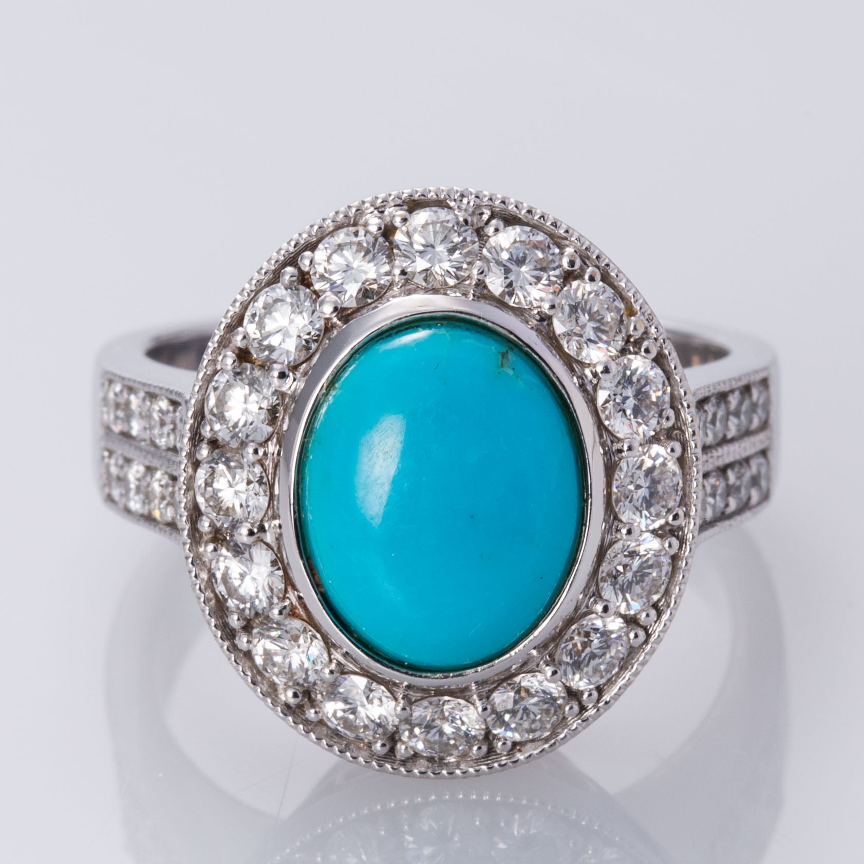Bague halo turquoise et diamants 14 carats | 10 x 8 mm, 1,08 ct | Taille 6,75 |