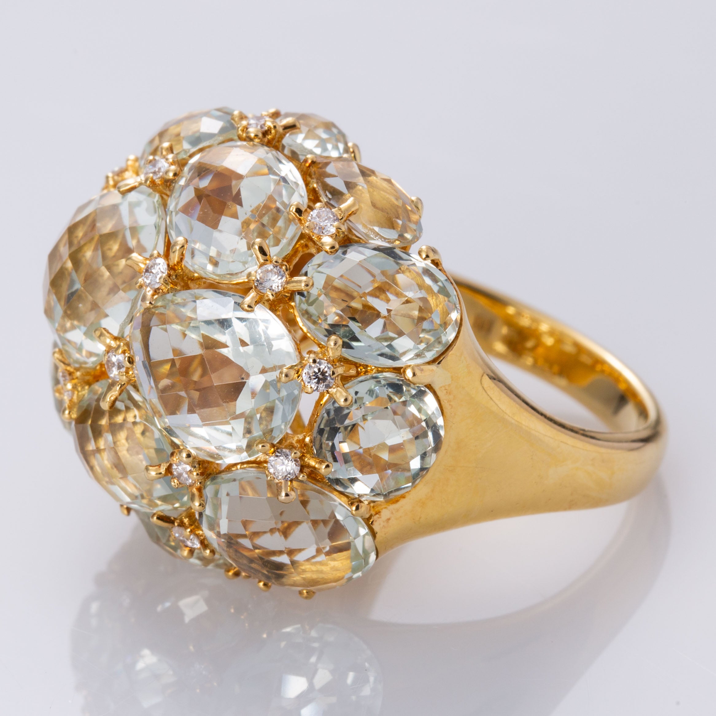 18K Yellow Gold Green Amethyst and Diamond Ring | 20.00 ct, 0.27 ctw | SZ 7 |