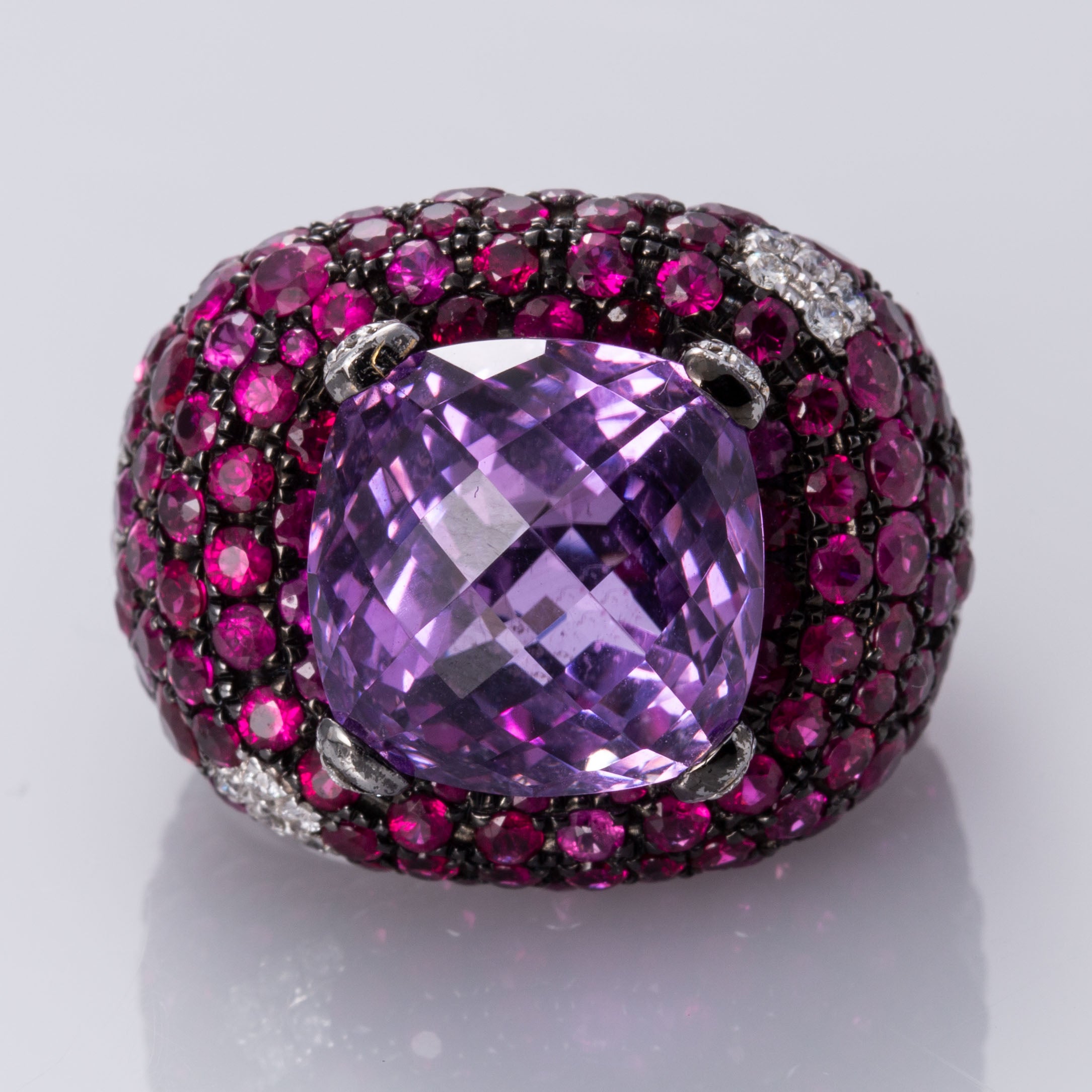 18K White Gold with Black Rhodium Amethyst, Ruby and Diamond Ring | 13.00 ct, 7.50 ctw, 0.33 ctw | SZ 6.5 |
