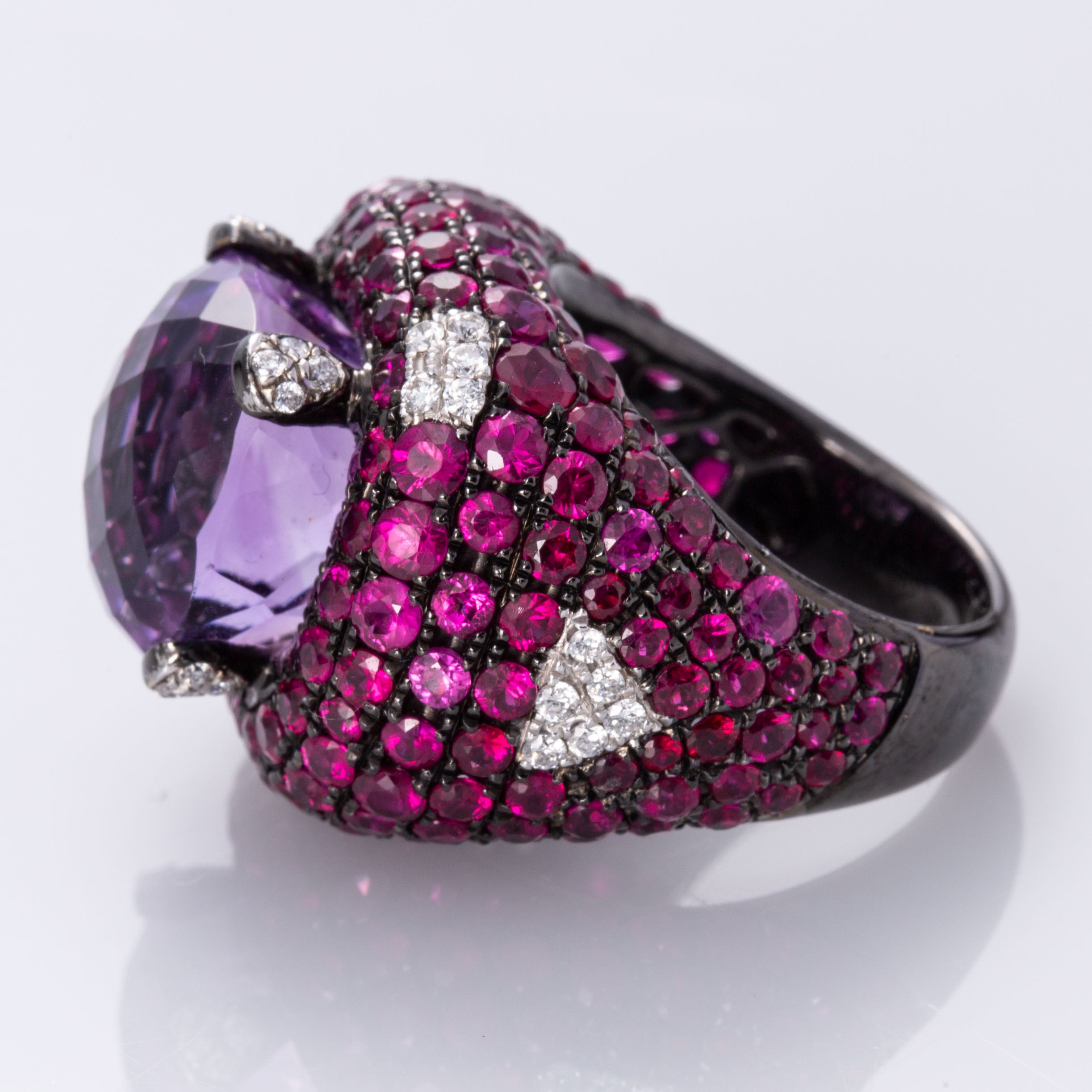 18K White Gold with Black Rhodium Amethyst, Ruby and Diamond Ring | 13.00 ct, 7.50 ctw, 0.33 ctw | SZ 6.5 |