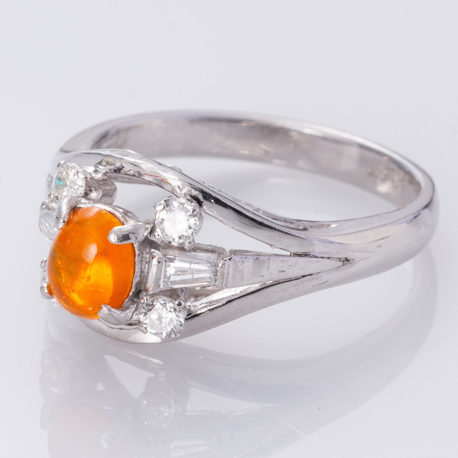 Platinum Fire Opal and Diamond Cocktail Ring | 0.47ct, 0.13ctw, 0.18ctw | SZ 6 |