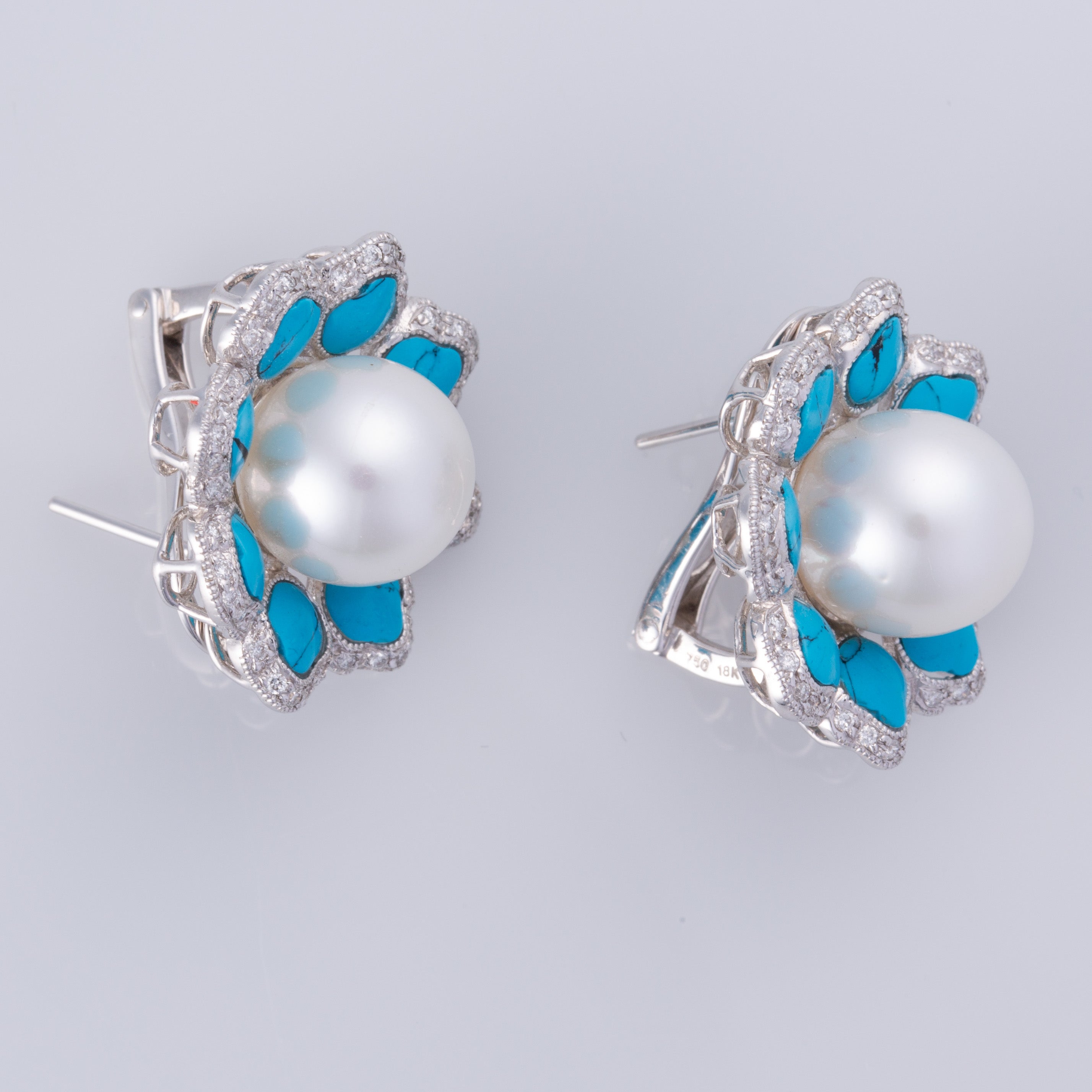 18K White Gold South Sea Pearls, Turquoise, and Diamond Earrings | 10.5-11.0mm, 0.80ctw