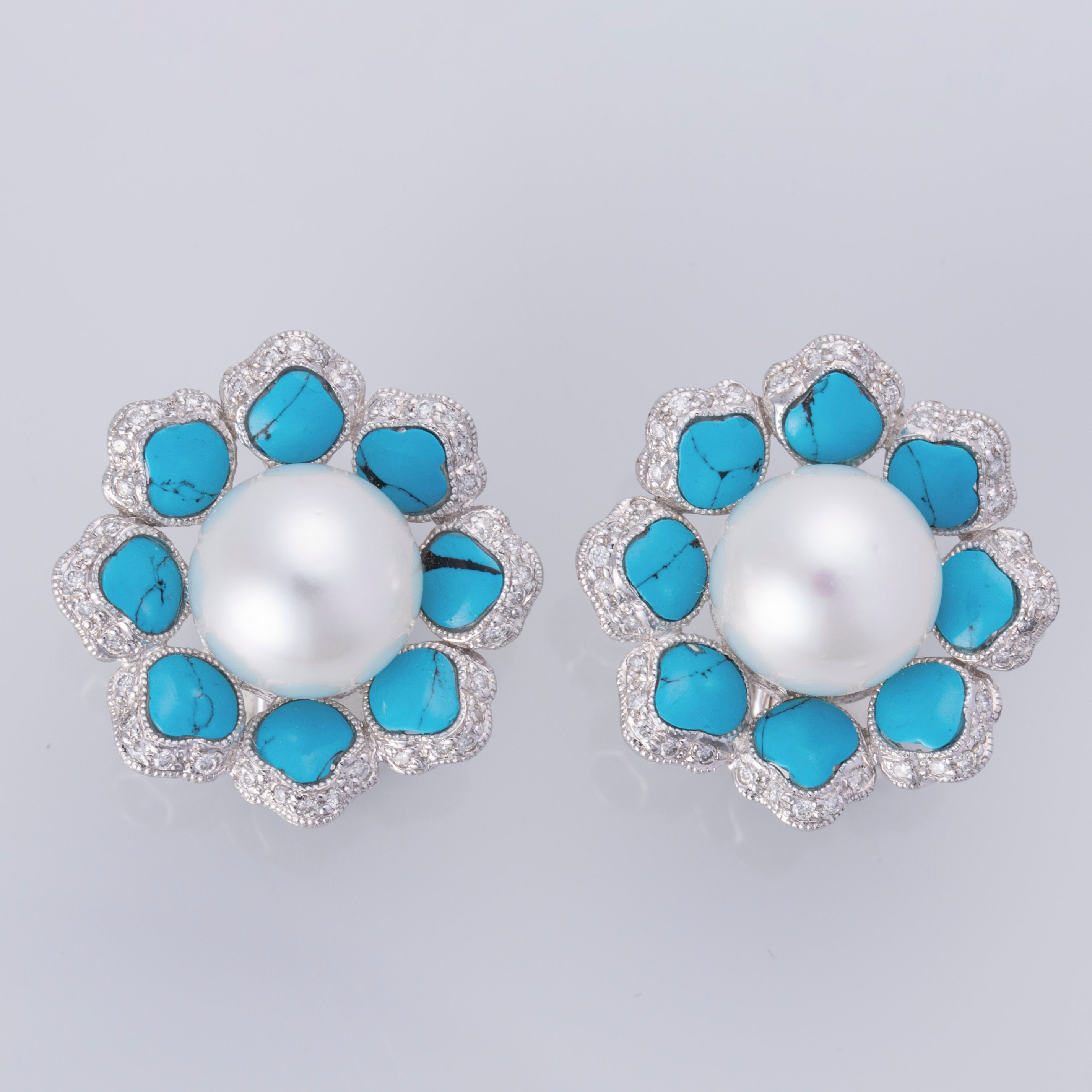 18K White Gold South Sea Pearls, Turquoise, and Diamond Earrings | 10.5-11.0mm, 0.80ctw