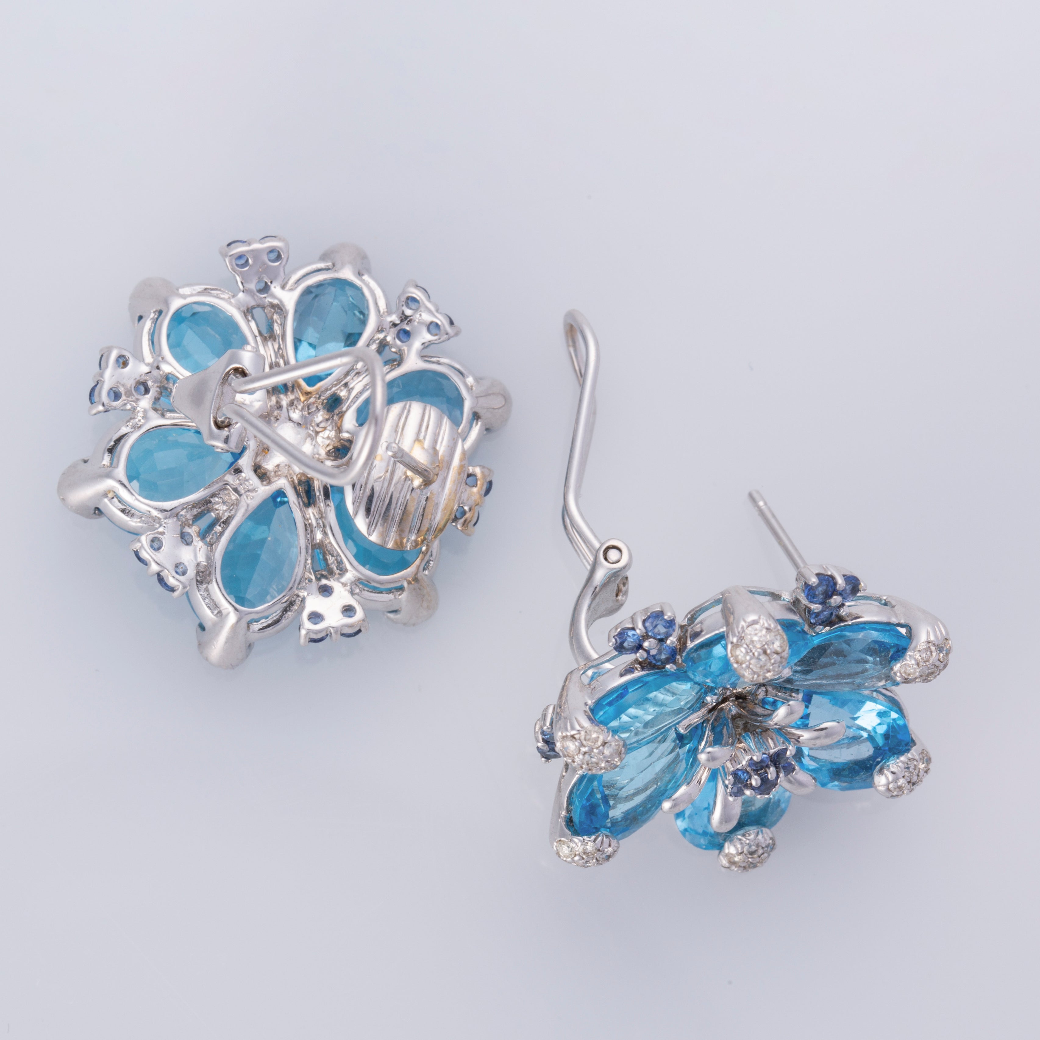 18K White Gold Blue Topaz, Sapphire, and Diamond Earrings | 36.00ctw, 1.40ctw, 1.00ctw