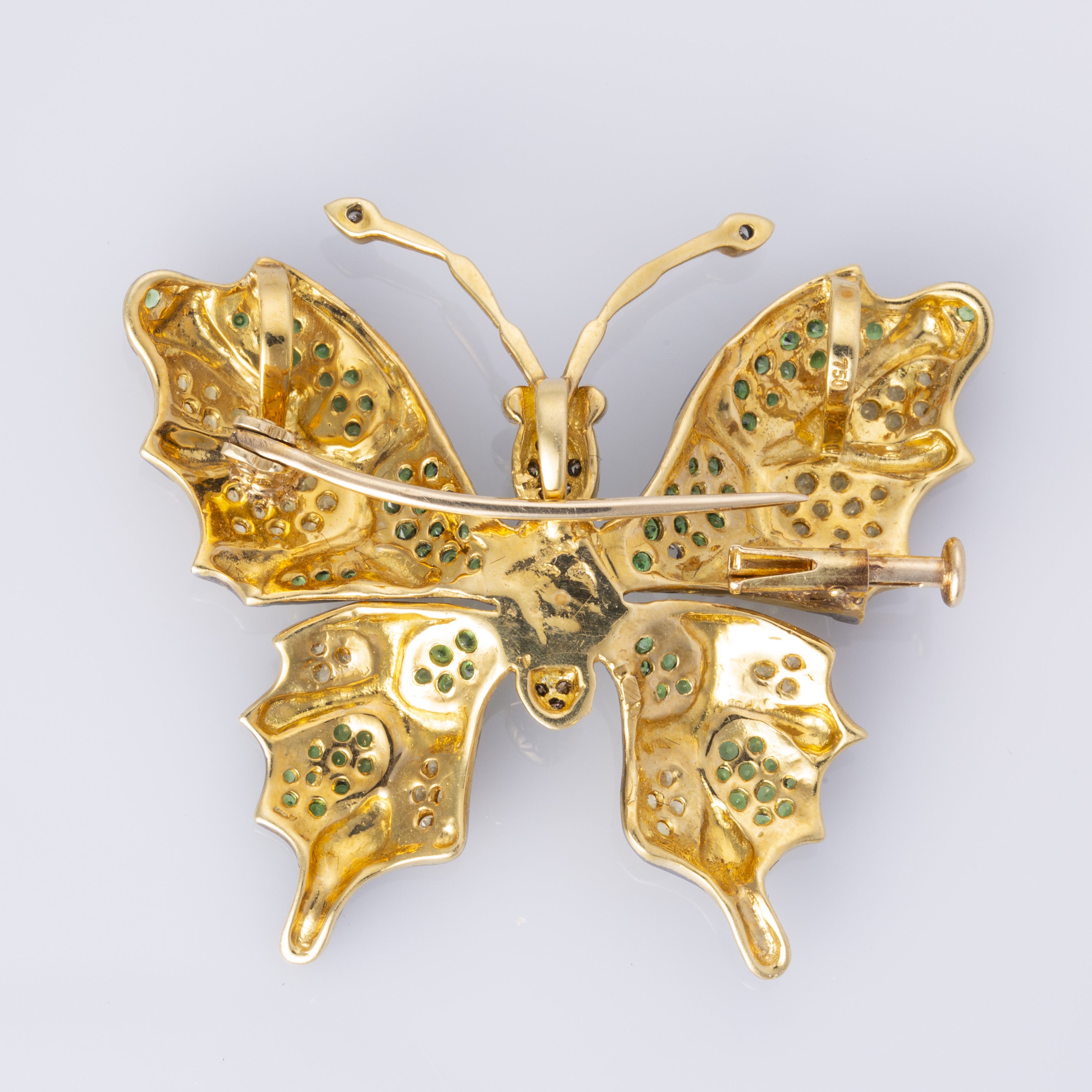 18K Yellow Gold Butterfly Opal Sapphire Tsavorite Ruby Diamond Brooch | 0.10ctw