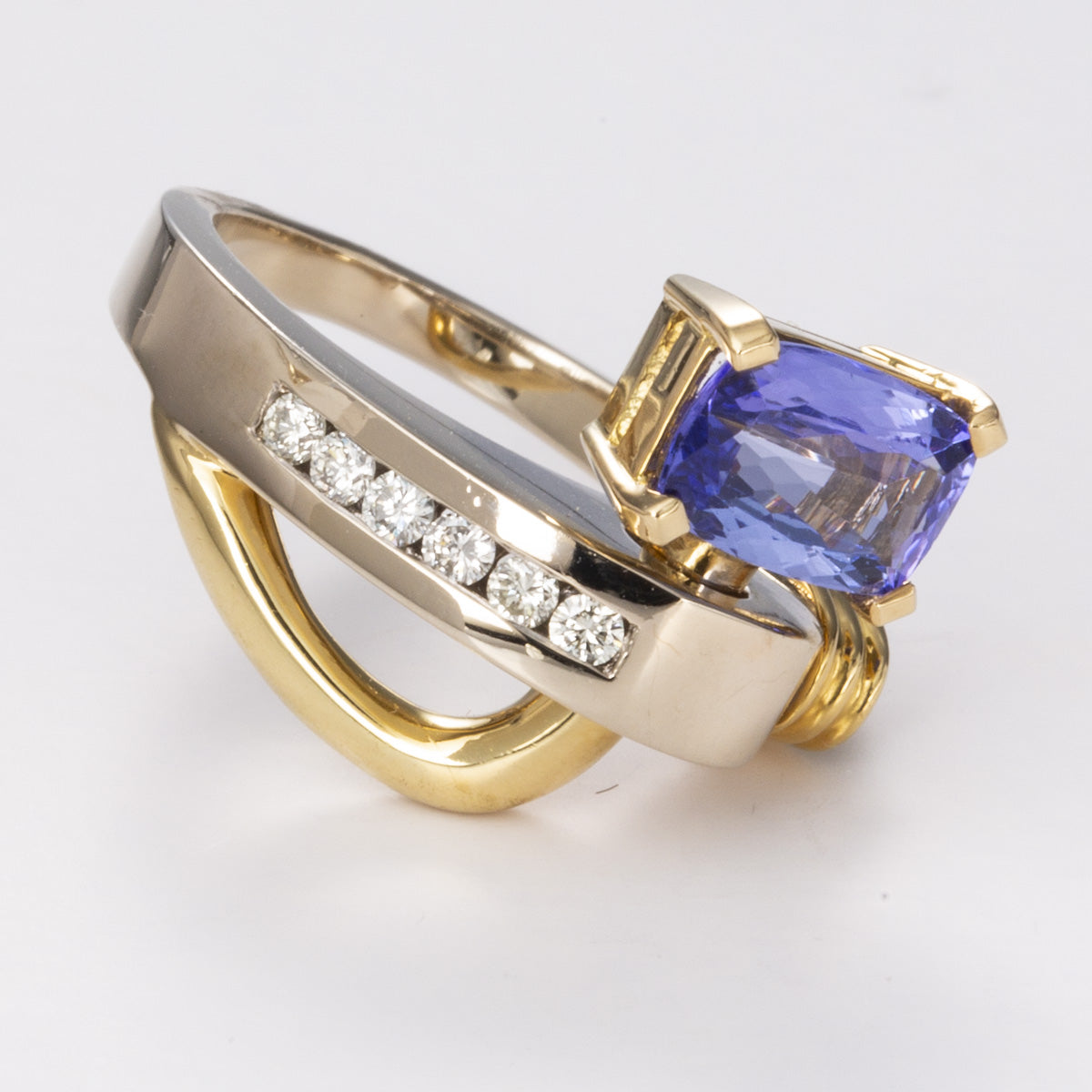 Tanzanite and Diamond Abstract Cocktail 18k White and Yellow Gold Ring | 1.38 ct, 0.18ctw | Sz 7