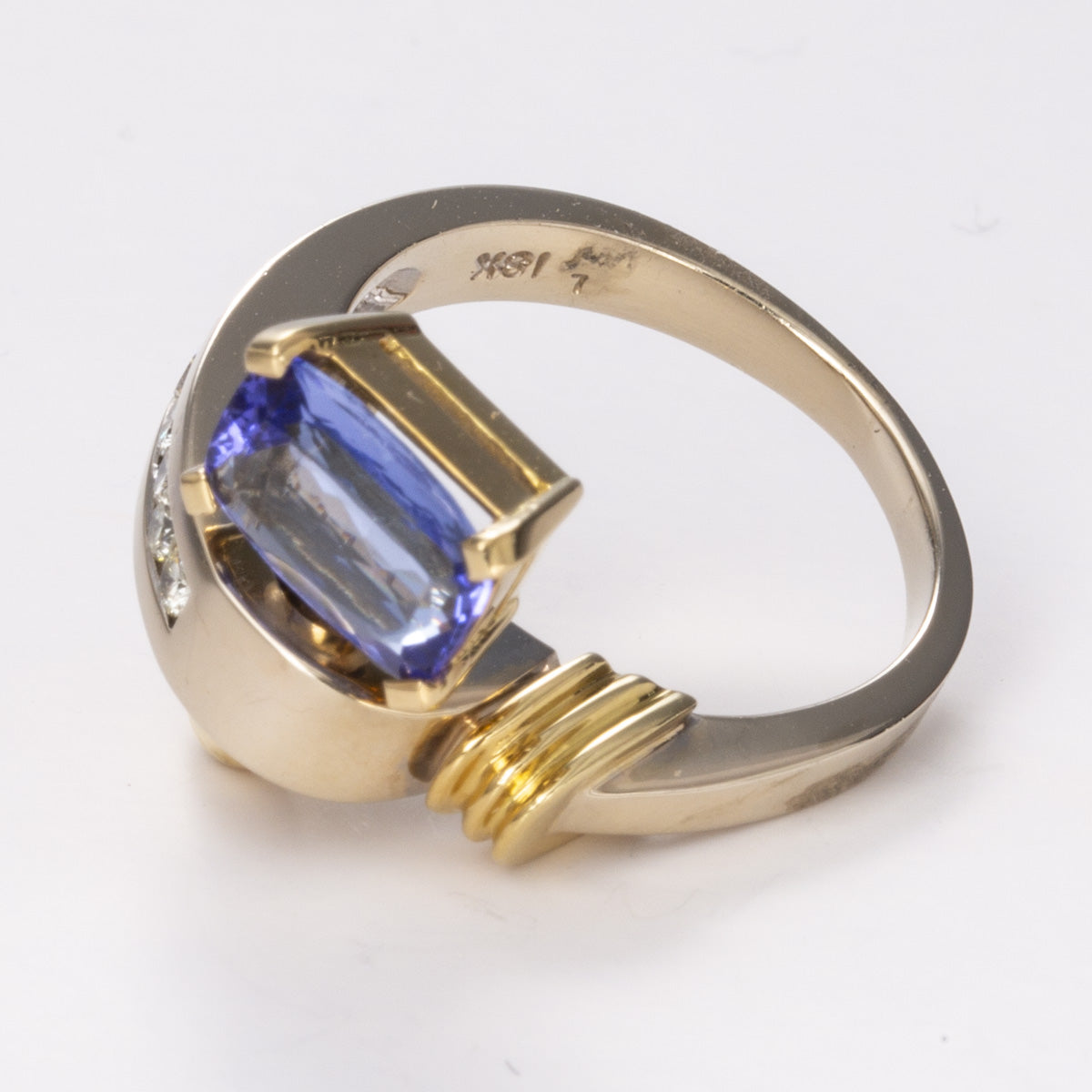 Tanzanite and Diamond Abstract Cocktail 18k White and Yellow Gold Ring | 1.38 ct, 0.18ctw | Sz 7