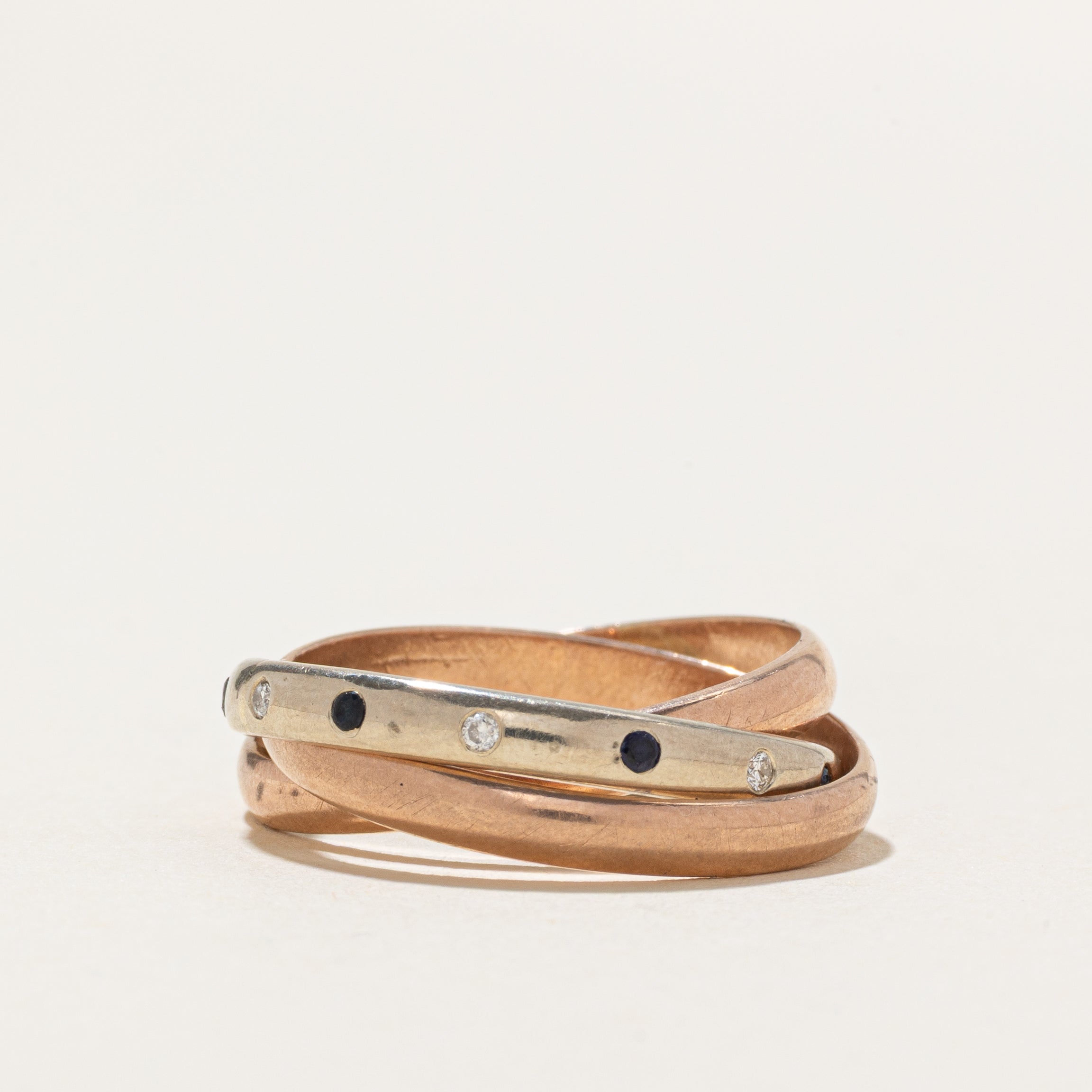 Two Tone Flush Set Diamond & Sapphire Interlocking Ring | SZ 6.75