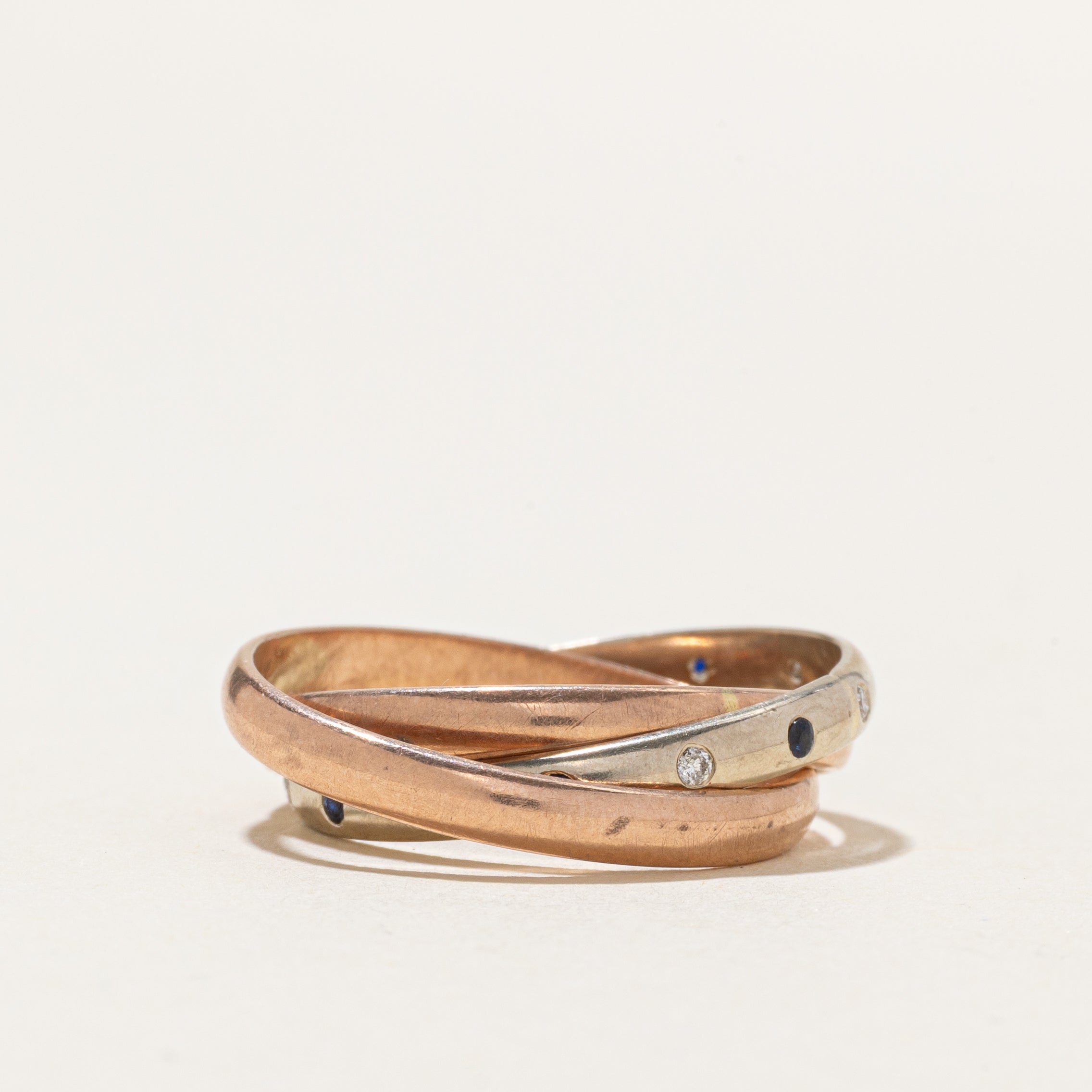 Two Tone Flush Set Diamond & Sapphire Interlocking Ring | SZ 6.75