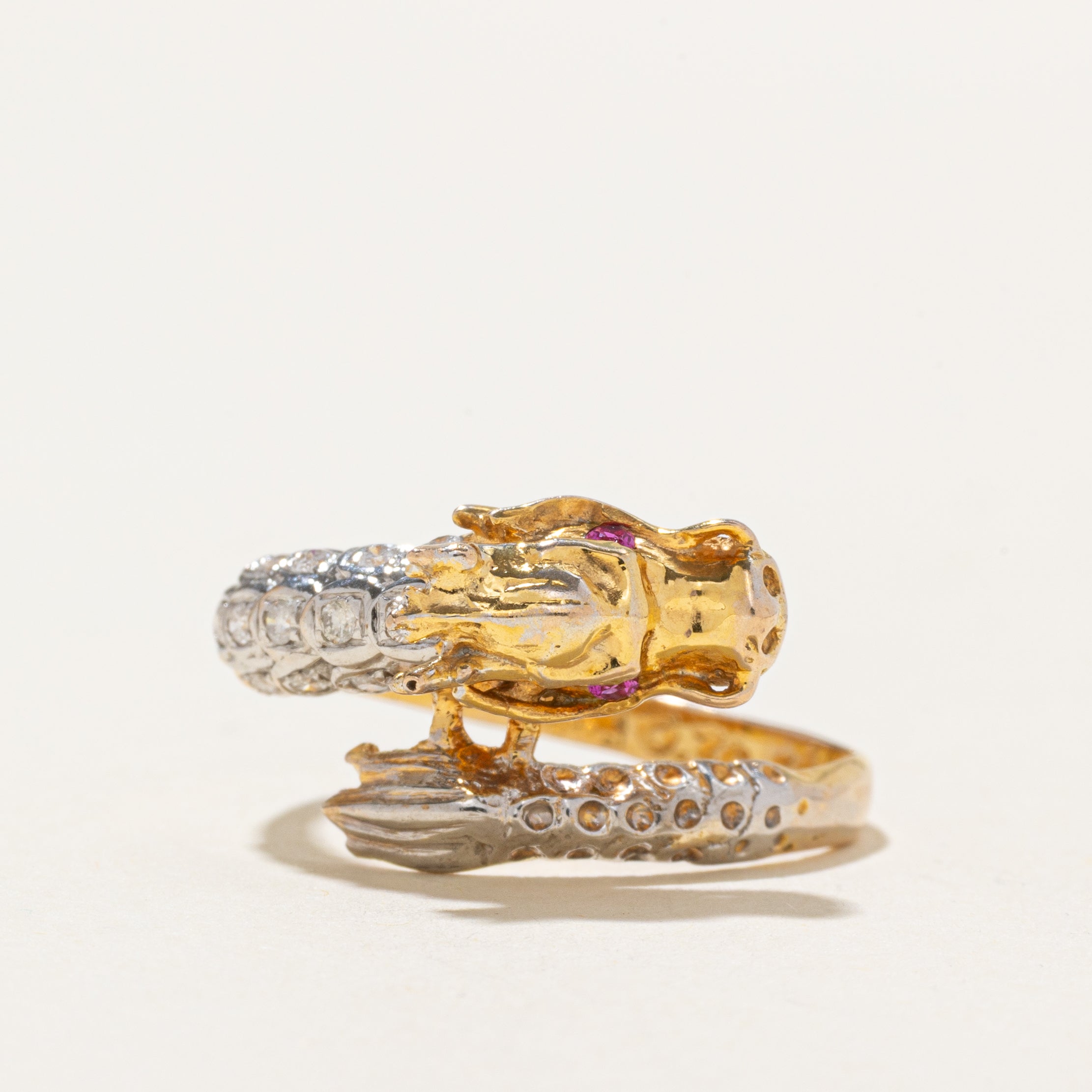 Synthetic Ruby & Diamond Dragon Bypass Ring | SZ 9.5