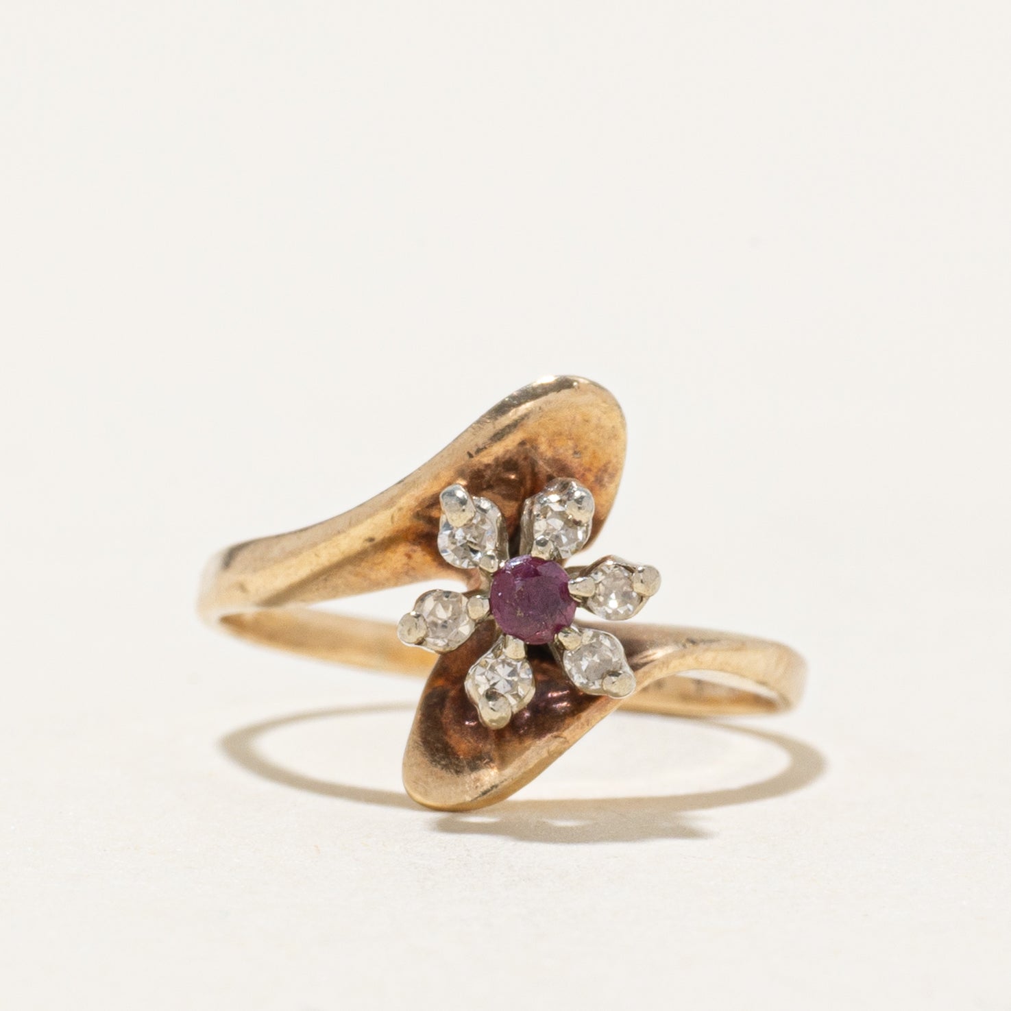 Ruby & Diamond Petal Bypass Ring | SZ 2.5