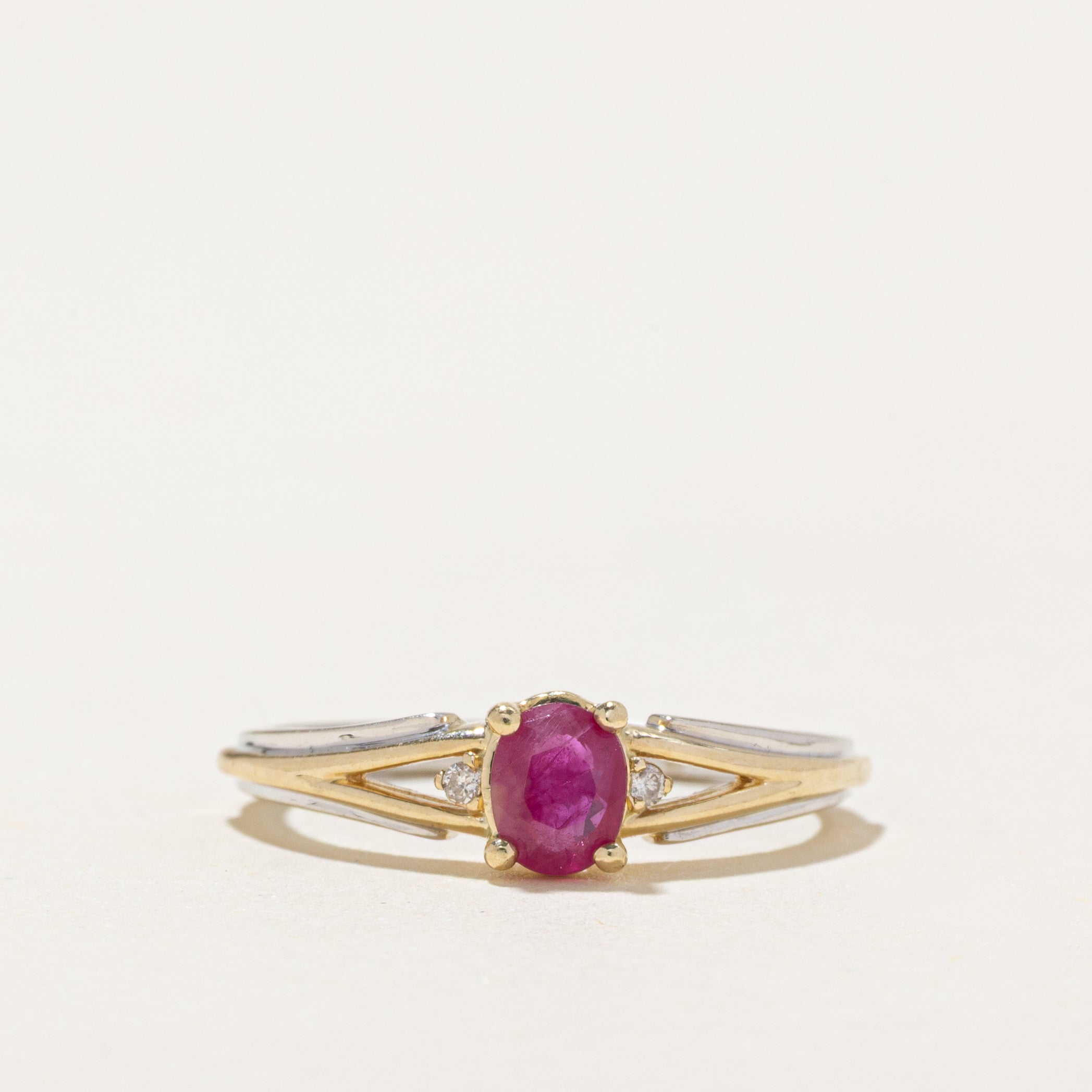 Two Tone Gold Glass Filled Ruby & Diamond Ring | SZ 4.75
