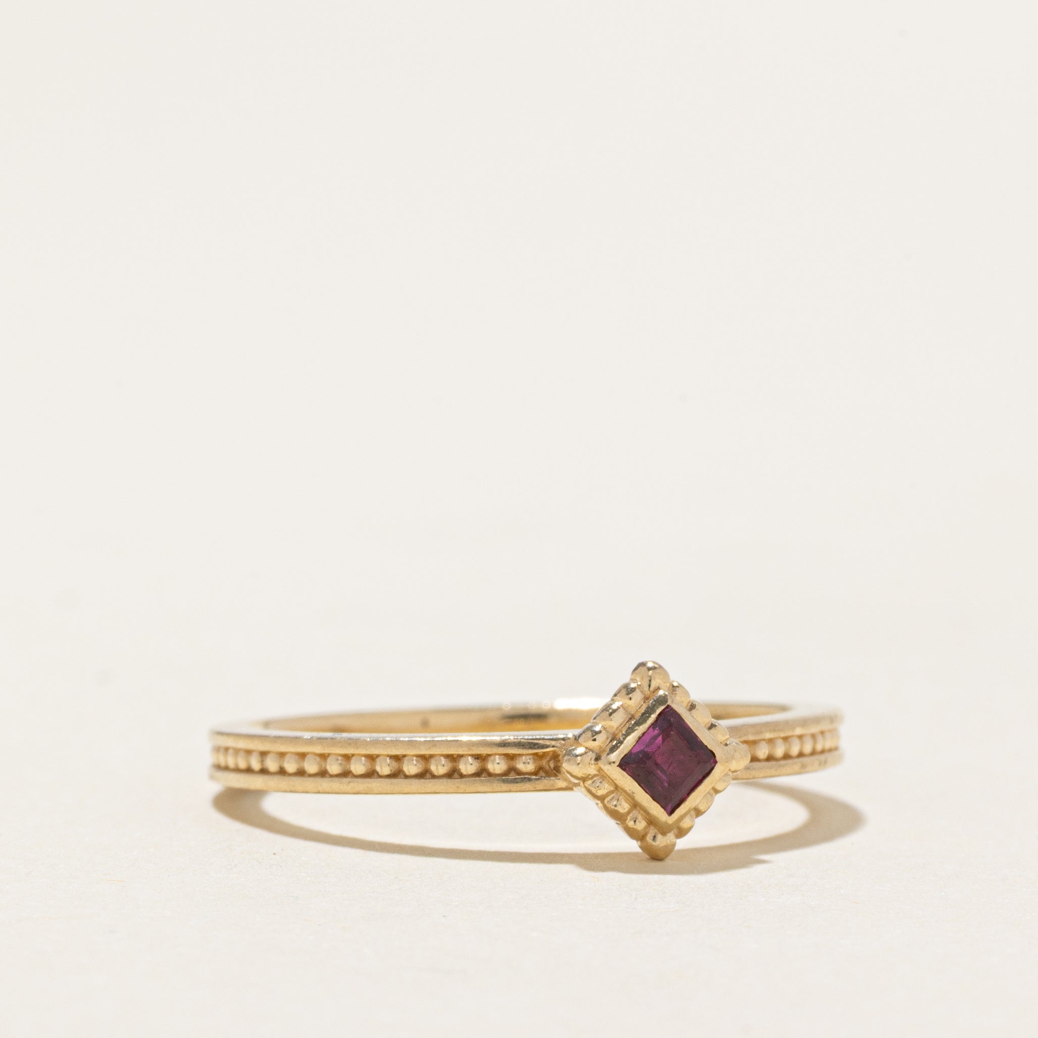 Bezel Set Step Cut Ruby Beaded Ring | SZ 6.75