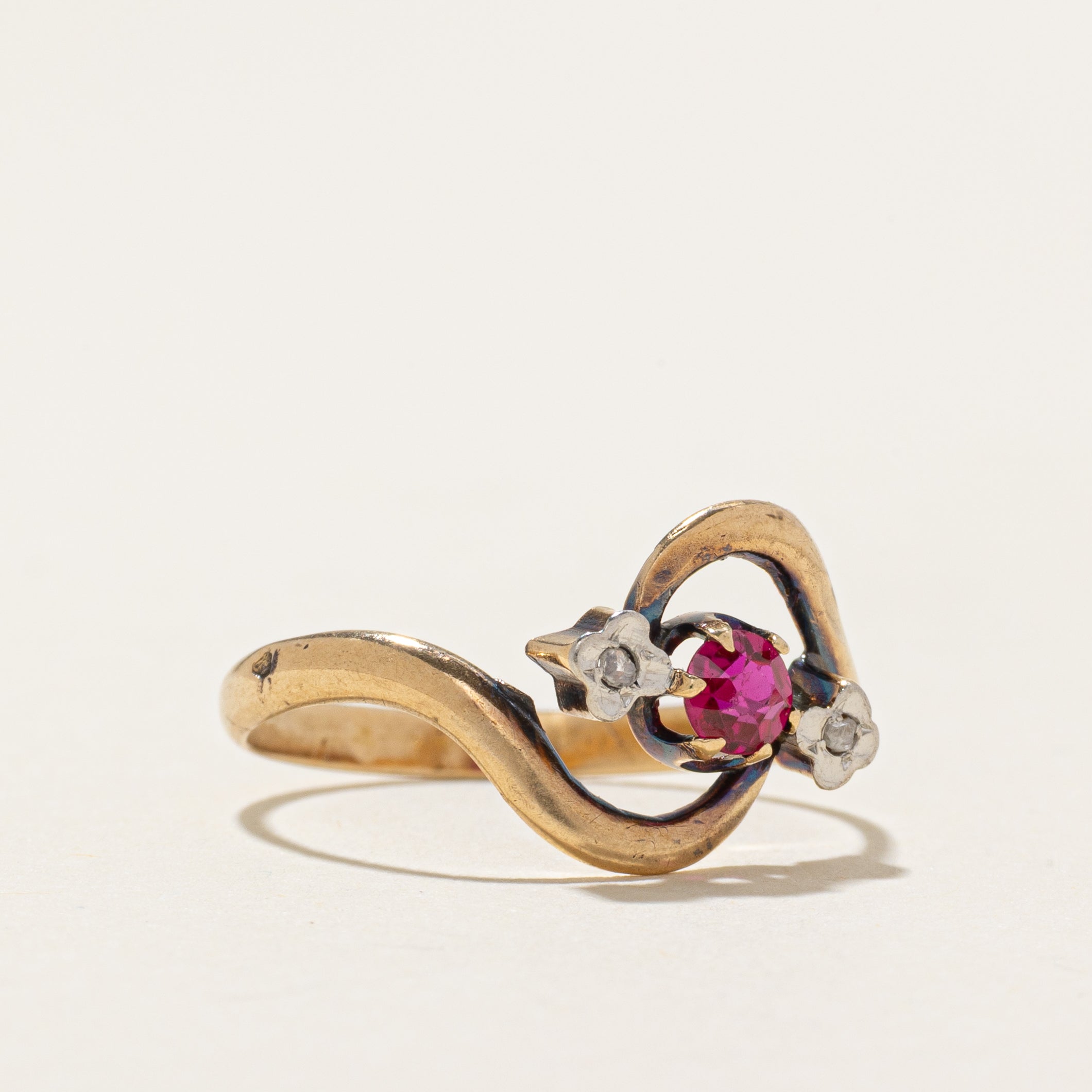 18k Three Stone Synthetic Ruby & Natural Diamond Bypass Ring | SZ 7