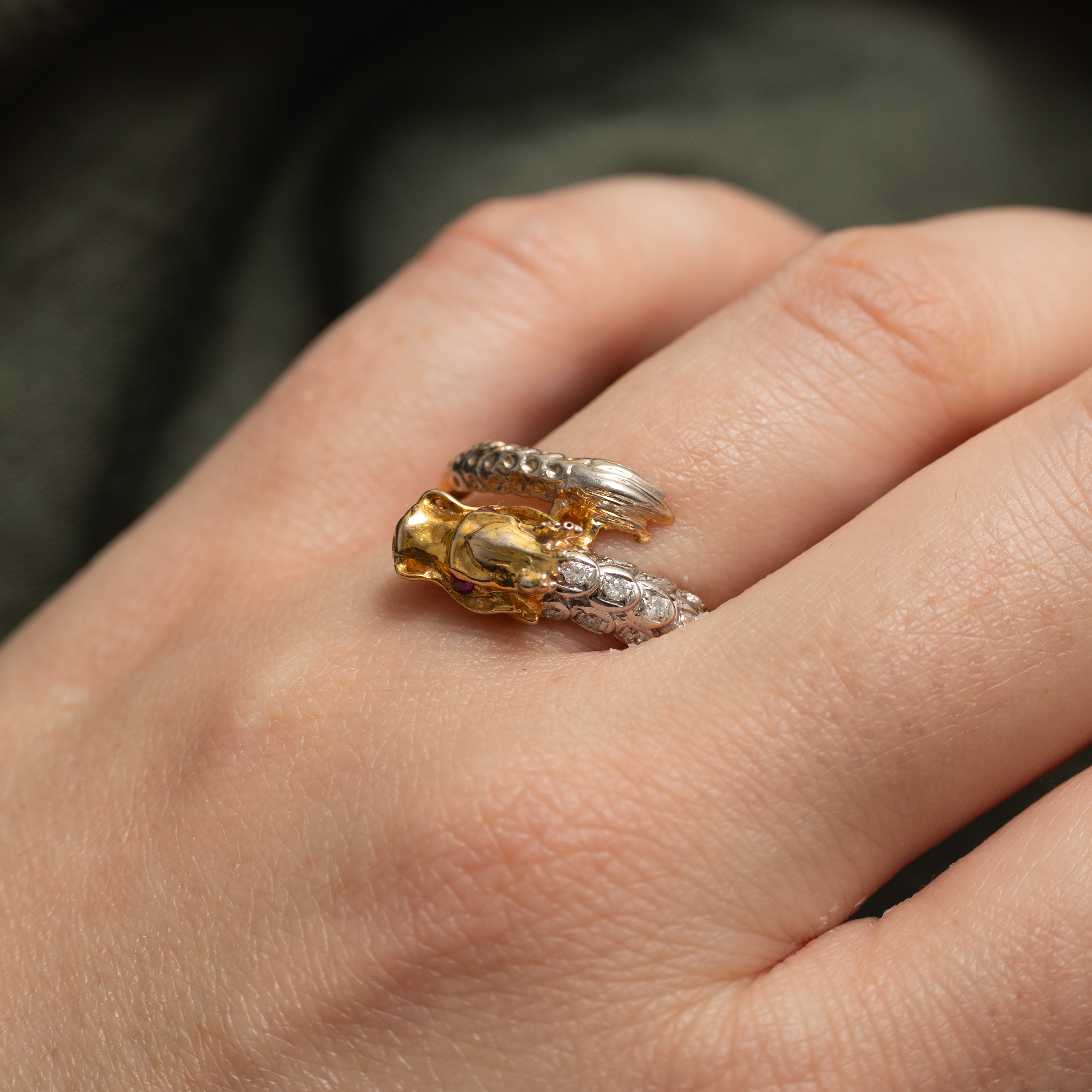 Synthetic Ruby & Diamond Dragon Bypass Ring | SZ 9.5
