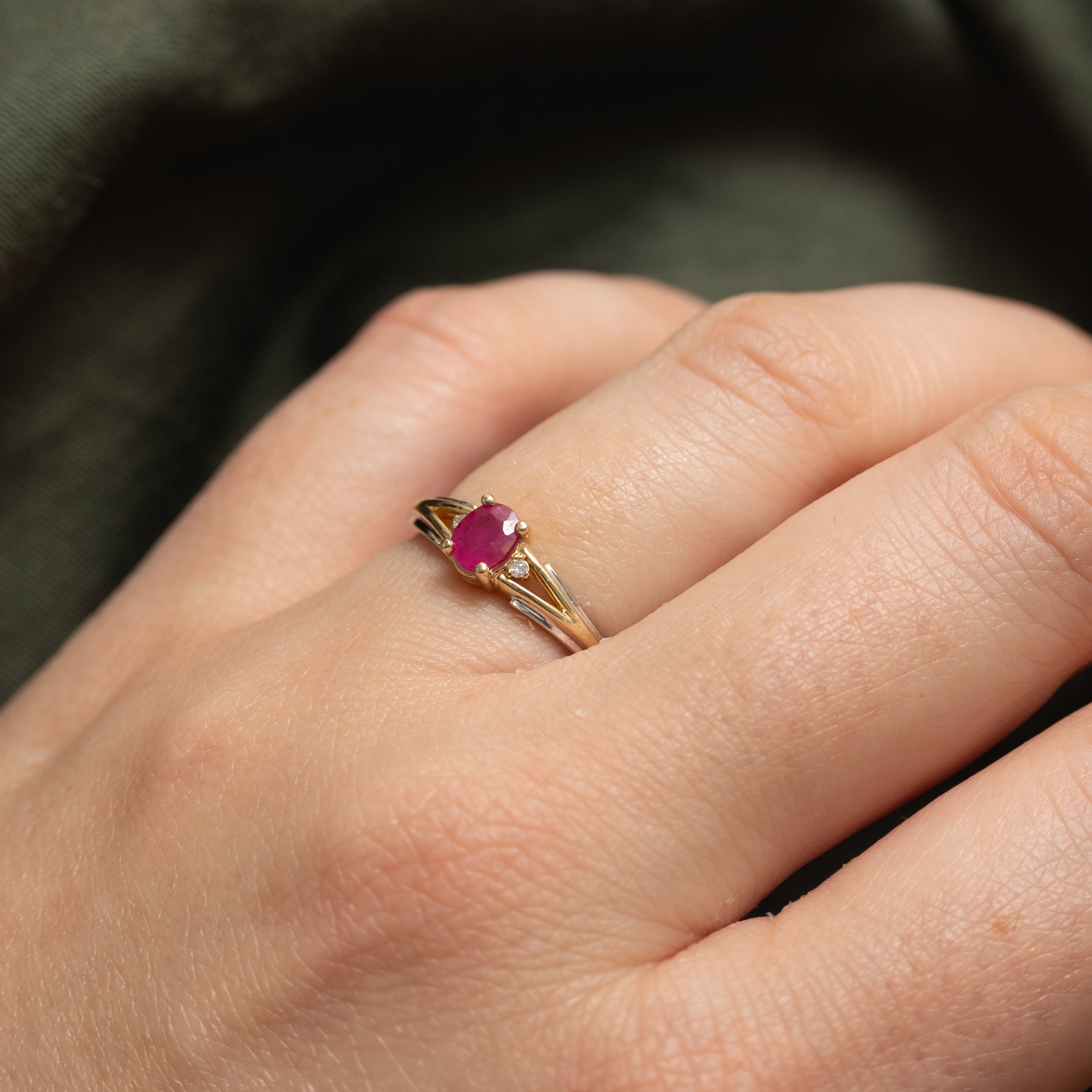Two Tone Gold Glass Filled Ruby & Diamond Ring | SZ 4.75