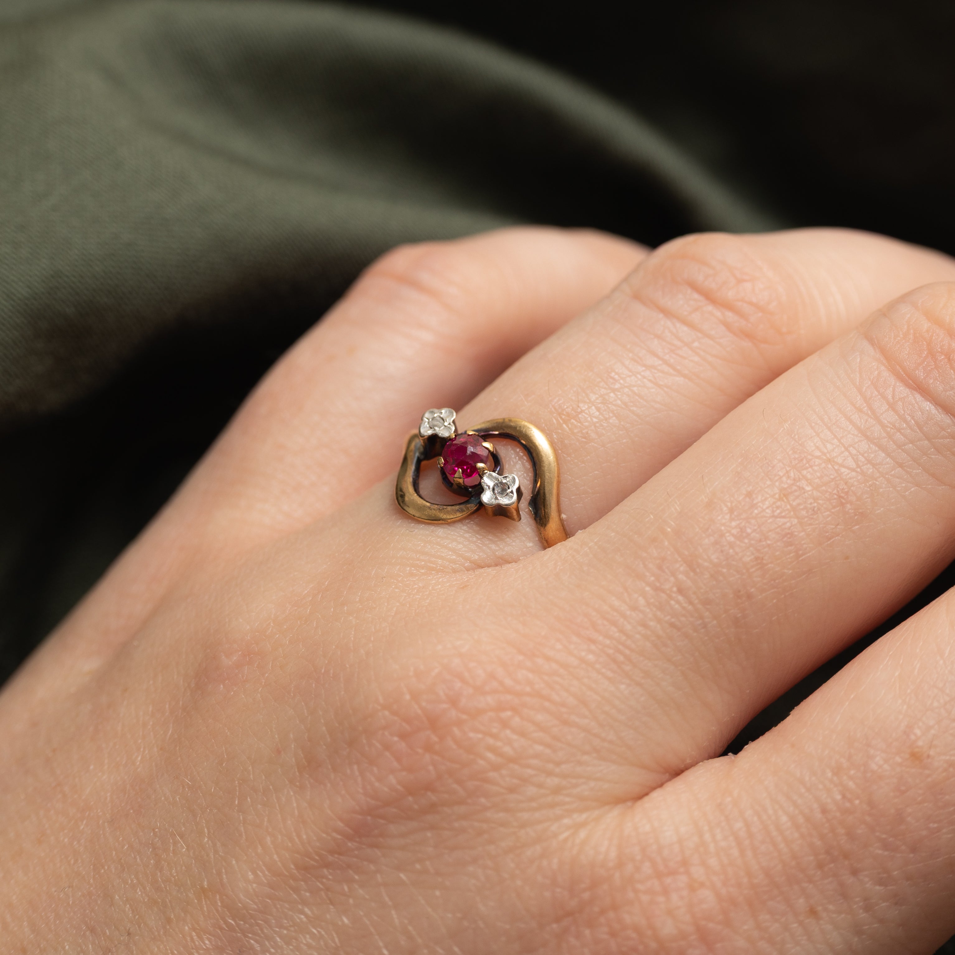 18k Three Stone Synthetic Ruby & Natural Diamond Bypass Ring | SZ 7