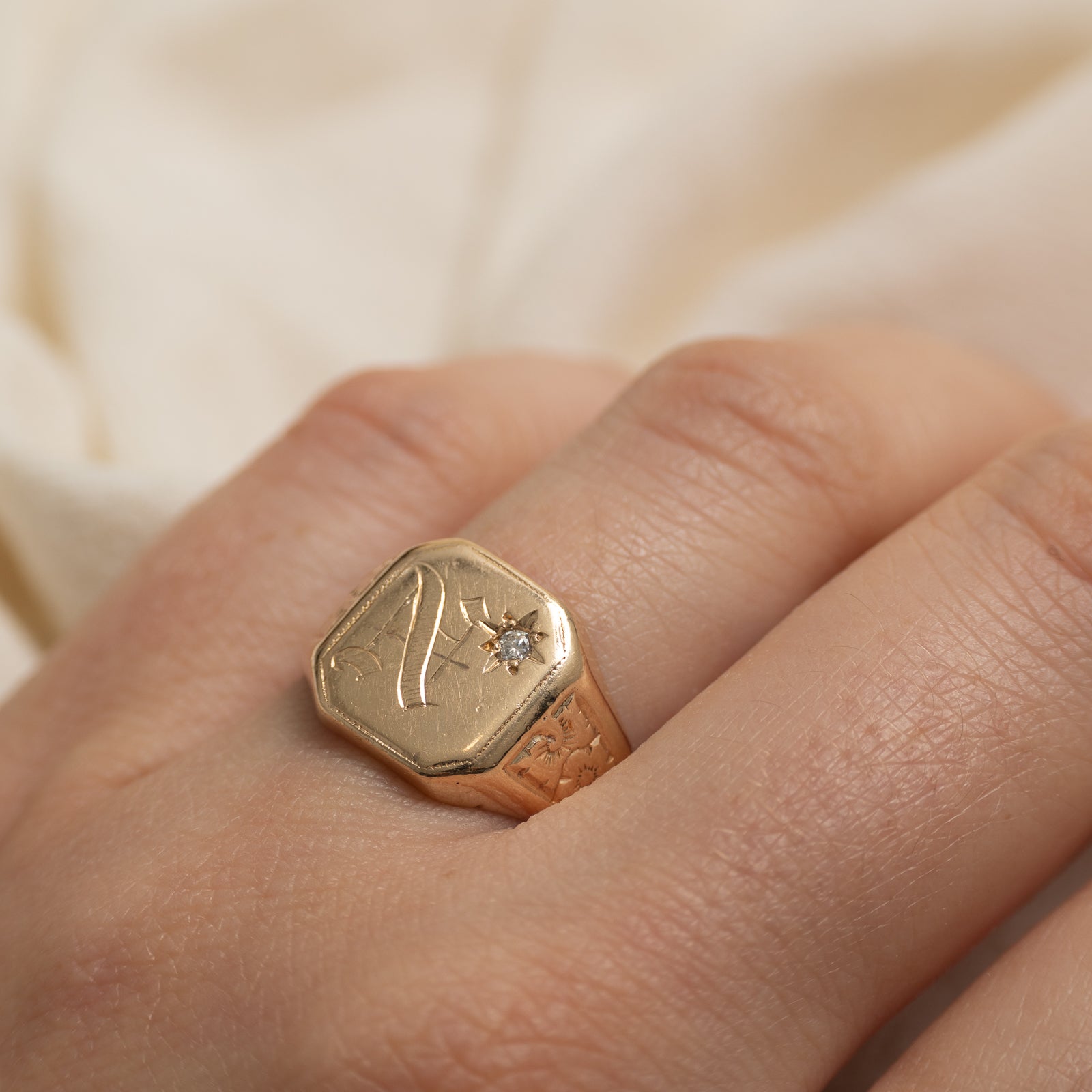10k Star Set Diamond "N" & Floral Engraved Signet Ring | SZ 7.5