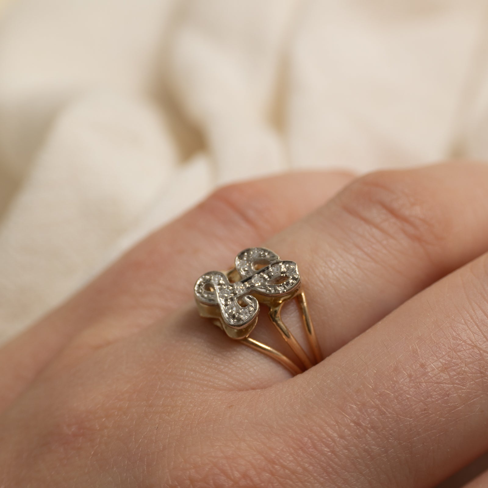14k Two-Tone Diamond "L" Initialized Openwork Ring | SZ 4.75