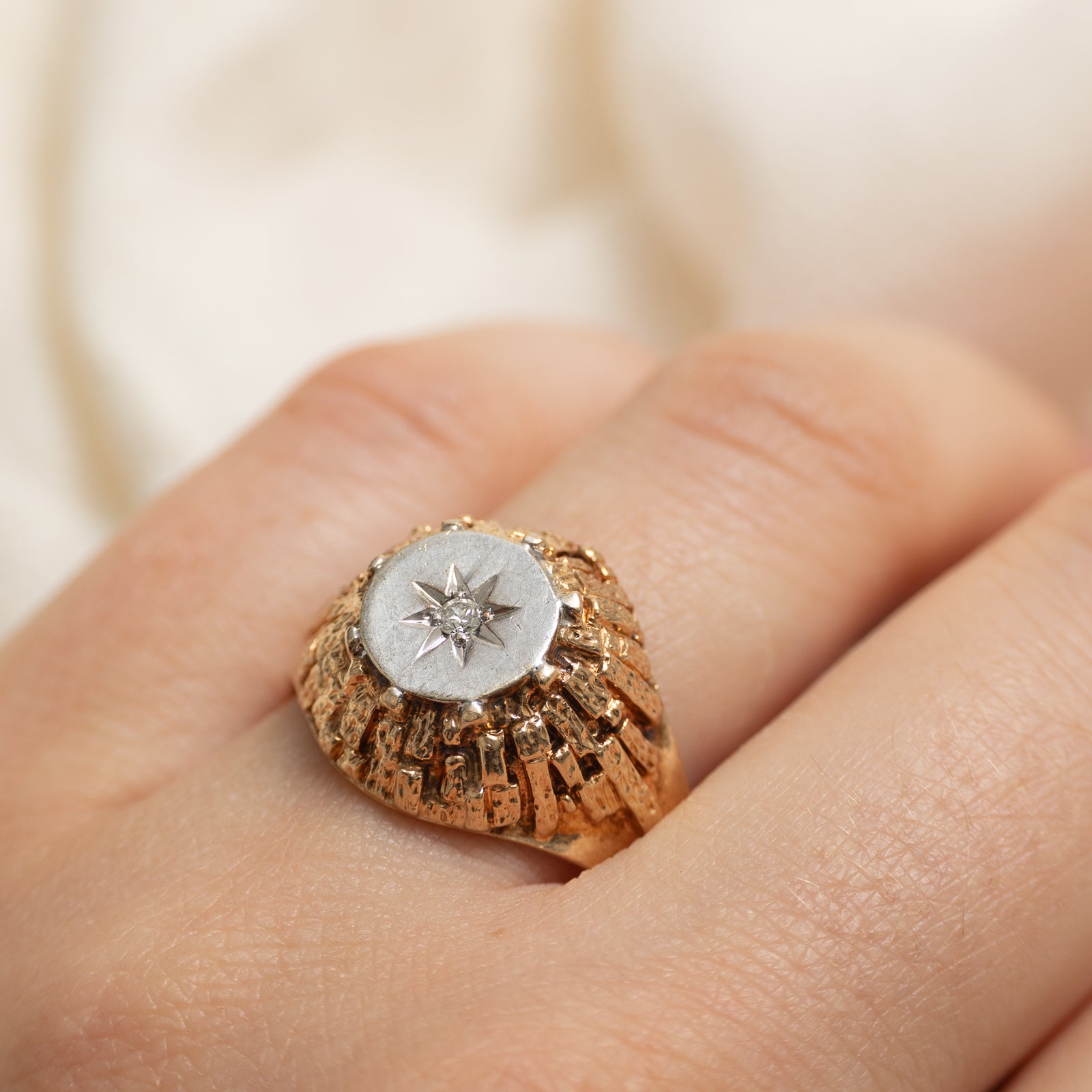 Two Tone Star Set Diamond Textured Dome Ring | SZ 11