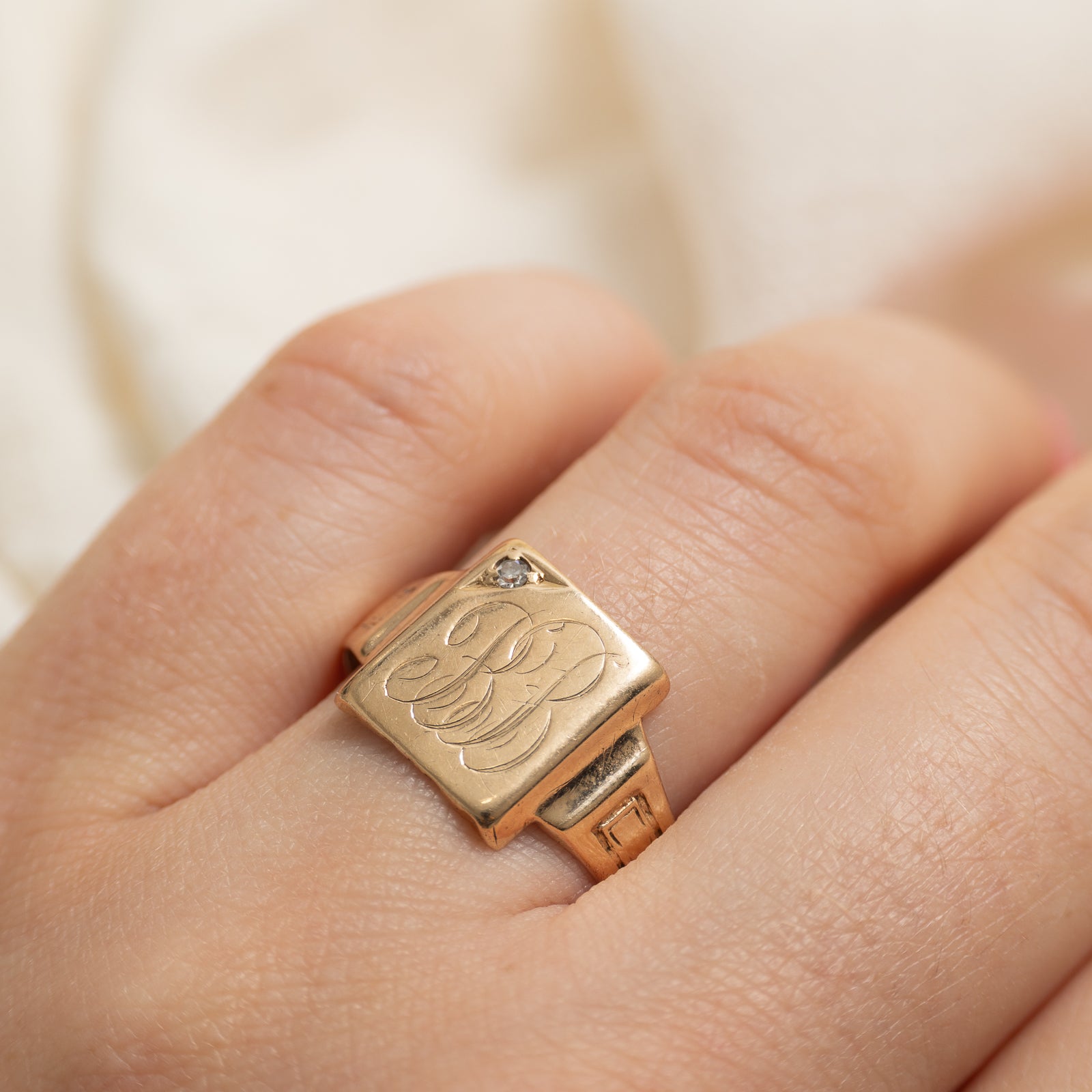 Vintage Canadian 10k Diamond 'BB' Initialized Signet Ring | SZ 11.75