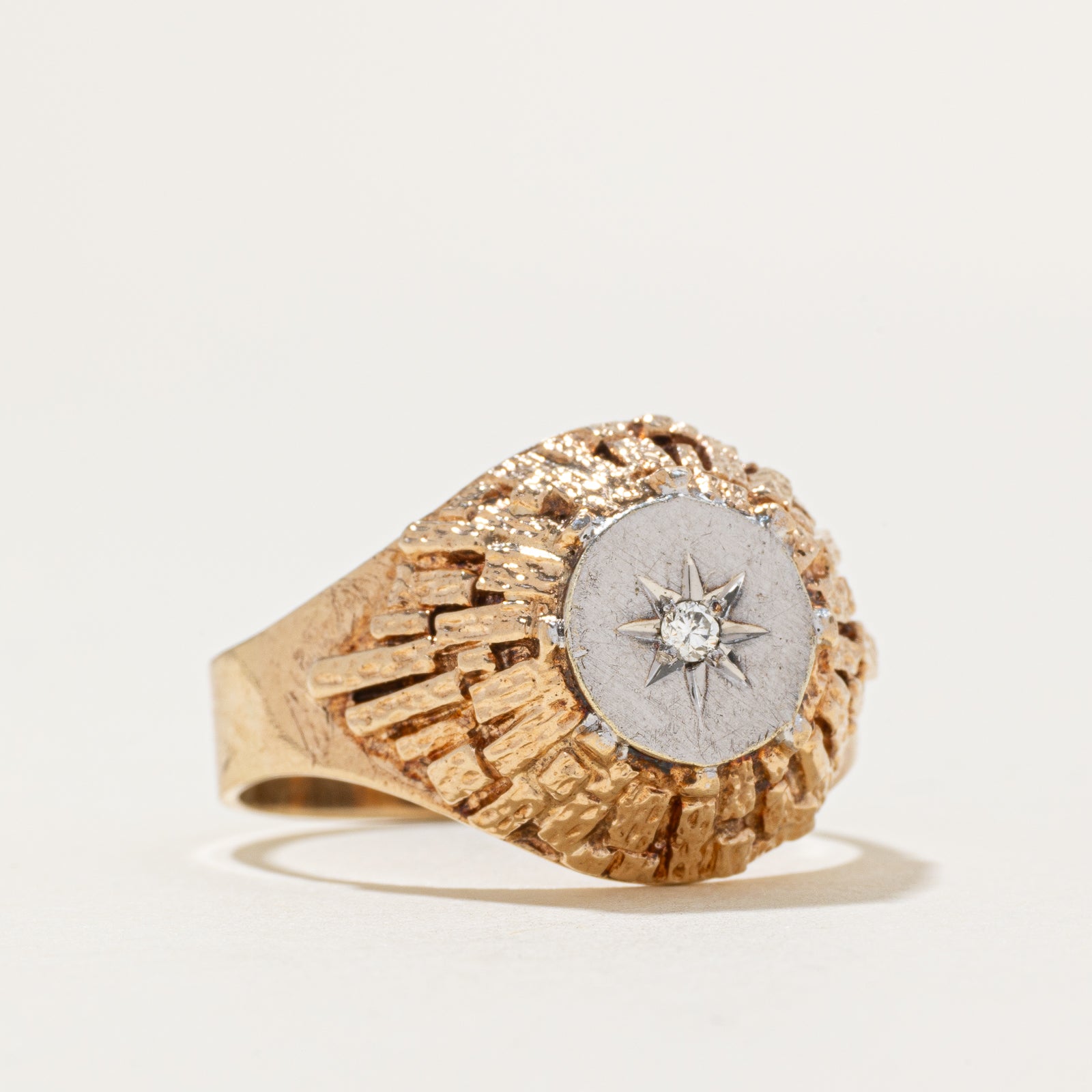 Two Tone Star Set Diamond Textured Dome Ring | SZ 11