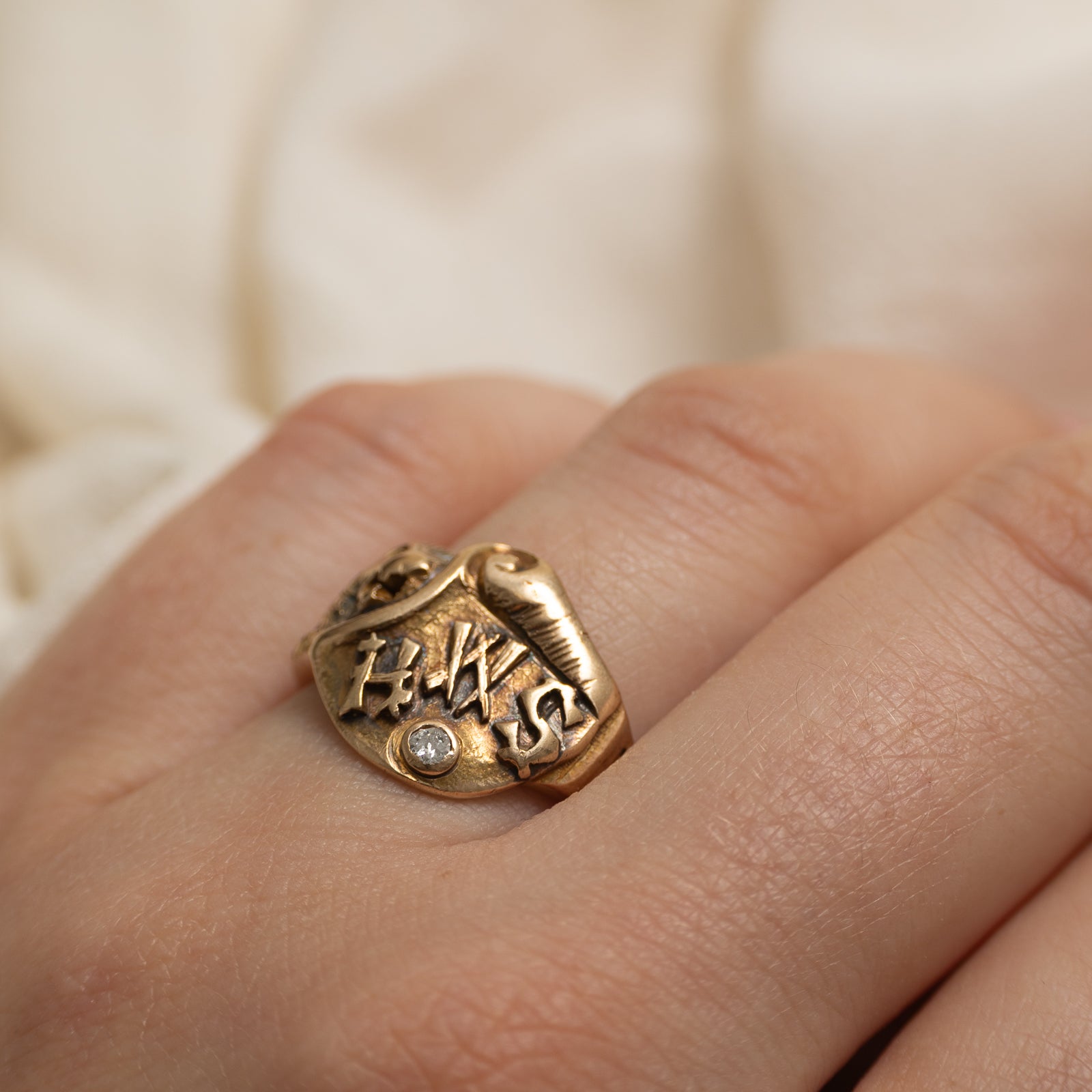 Diamond 'HWS' Initialized Lion Engraved Ring | SZ 7