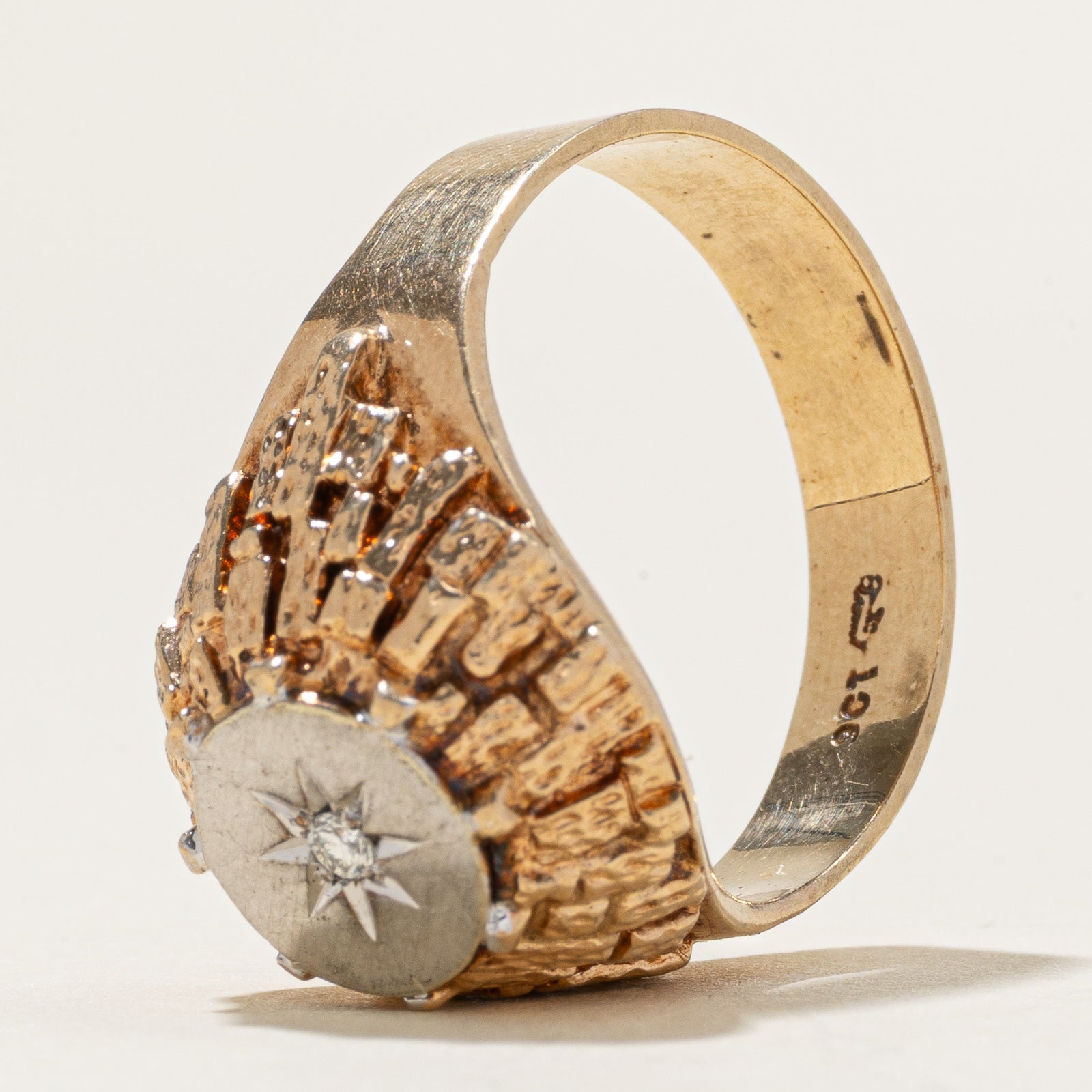 Two Tone Star Set Diamond Textured Dome Ring | SZ 11