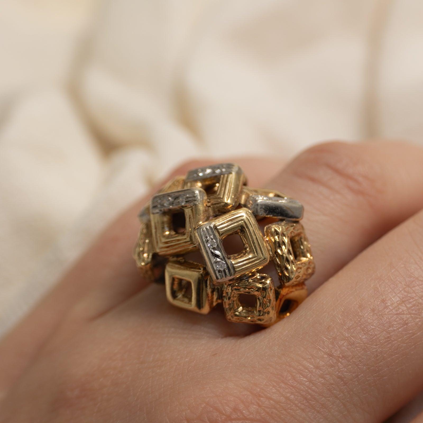 Two Tone Diamond Textured Geometric Cocktail Ring | SZ 5.75