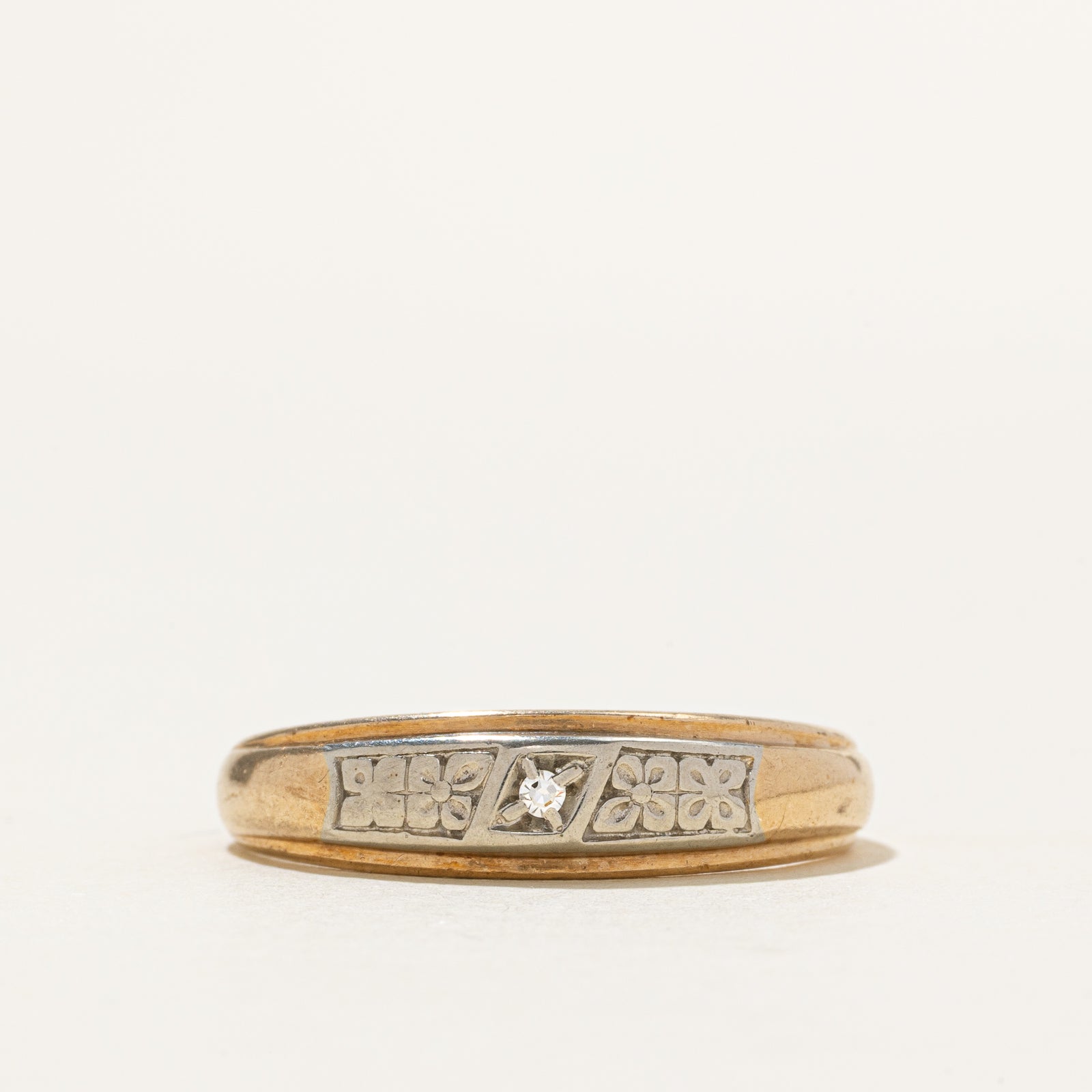 Two Tone Diamond Flower Engraved Dome Ring | SZ 11