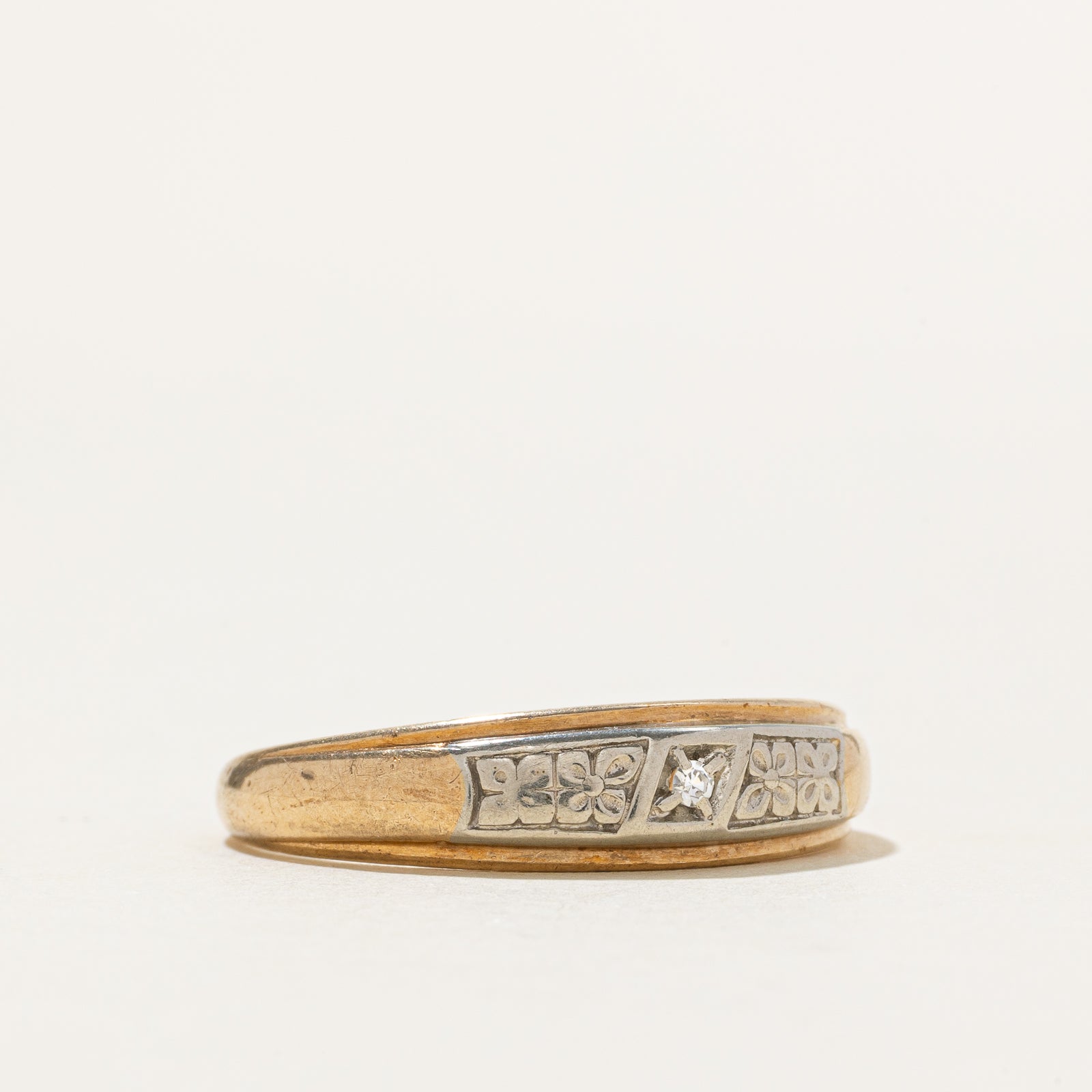 Two Tone Diamond Flower Engraved Dome Ring | SZ 11