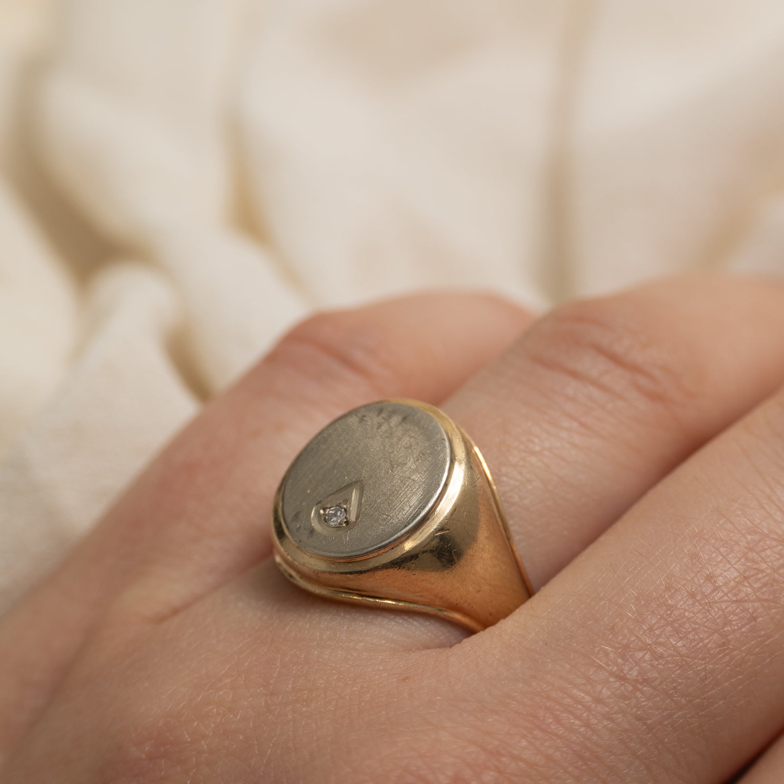 Two Tone Diamond Round Signet Ring | SZ 9.25